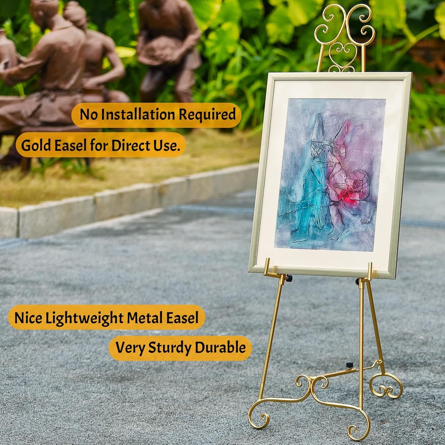 Metal Large Free Standing Adjustable Display Stand Scroll Easel with Chain Support, Gold Easel Stand for Sign, Heavy Duty Easel for Mirror, Wedding, Picture Frame (No Installation Required)
