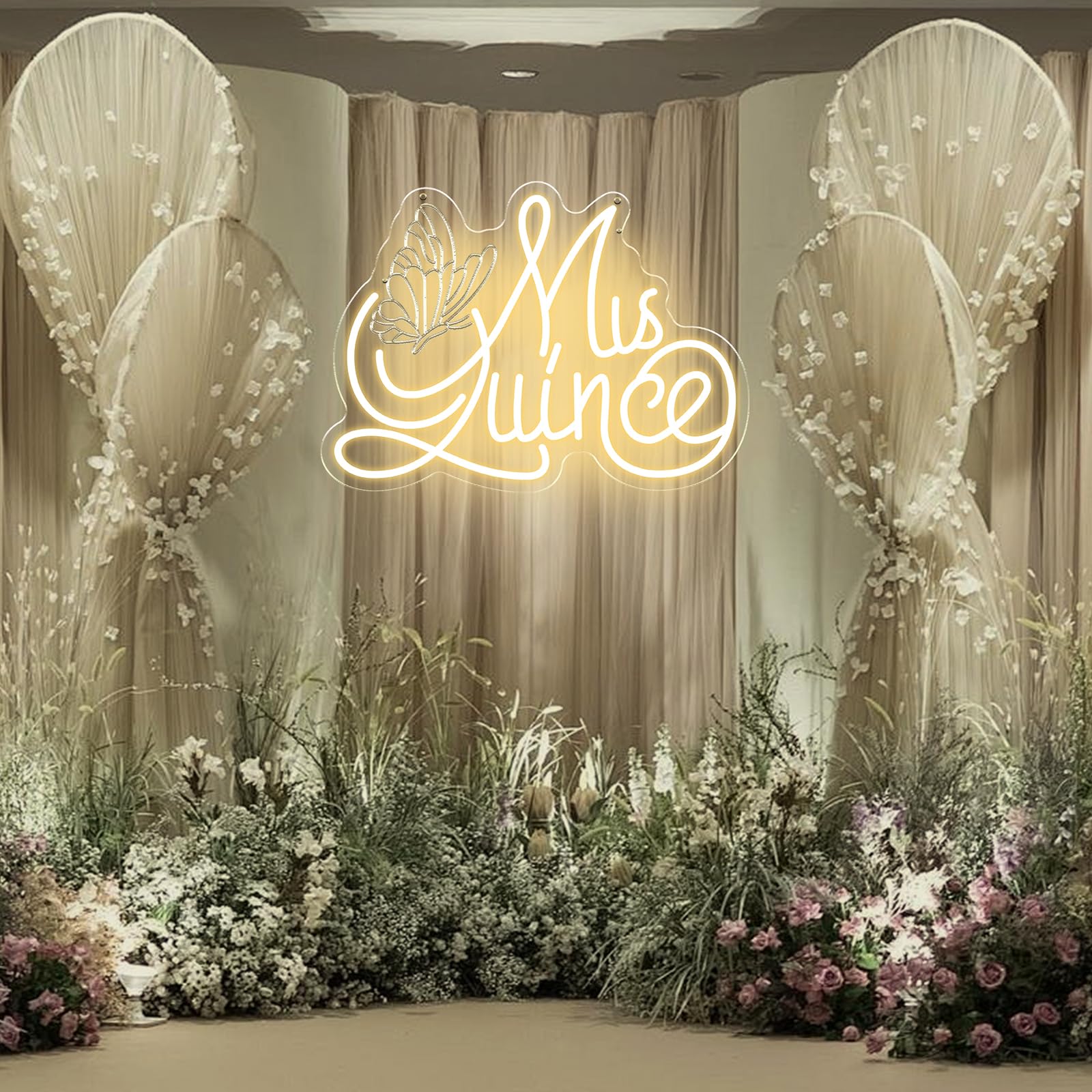 Mis Quince Neon Sign with Engraved Butterfly Design for Quinceanera Decor