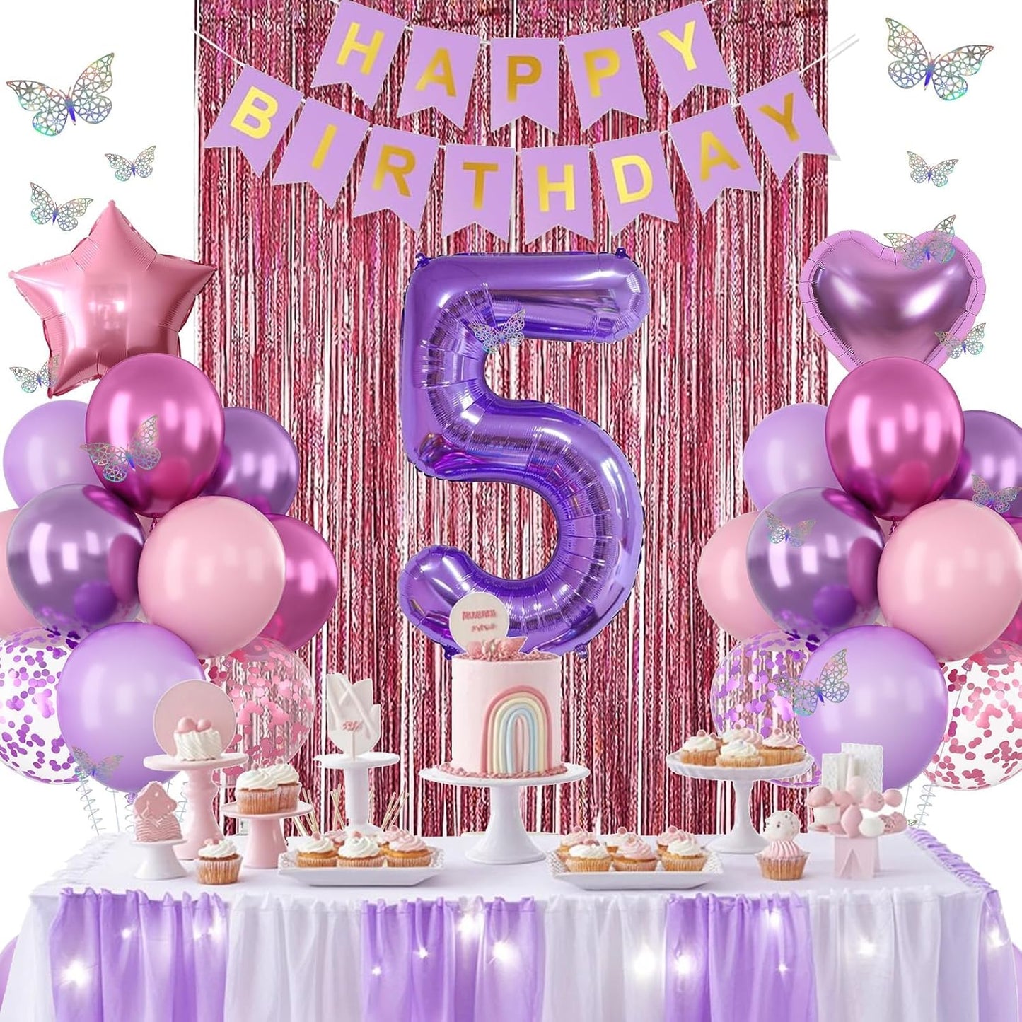 Pink Purple 5th Birthday Party Decorations for Girls Number 5 Balloon Happy Birthday Banner Butterfly Stickers Fringe Curtain Paper Pom Poms Metallic Hot Pink Star Foil Balloons 5 Year Old Princess