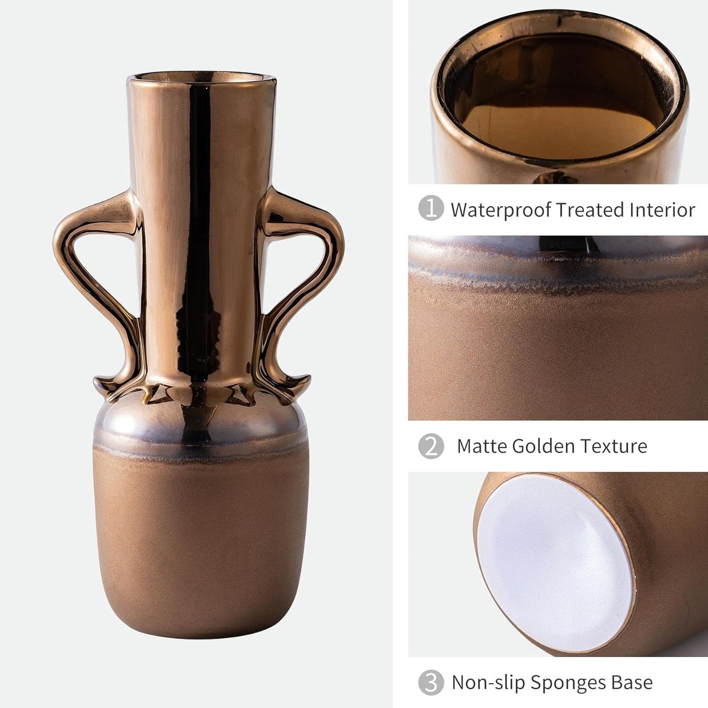 Gold Ceramic Vase with Handles, Brown Rustic Farmhouse Vintage Flower Vases Home Decor, Modern Amber Tall Centerpiece Floral Large Vases for Living Room, Bedroom, Office Metal Glaze Finish 11 Inch