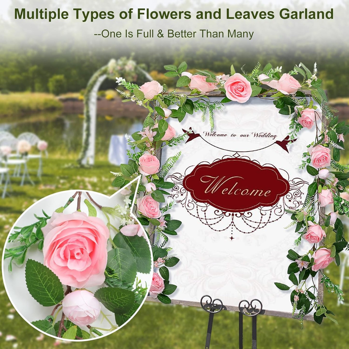 Naidiler Full Pink Flower Garland, 6.2FT Artificial Rose Floral Vine Pretty Spring Pink Flower Garland for Wedding Arch Decor Home Backdrop Wall Table Centerpiece Valentines Decoration