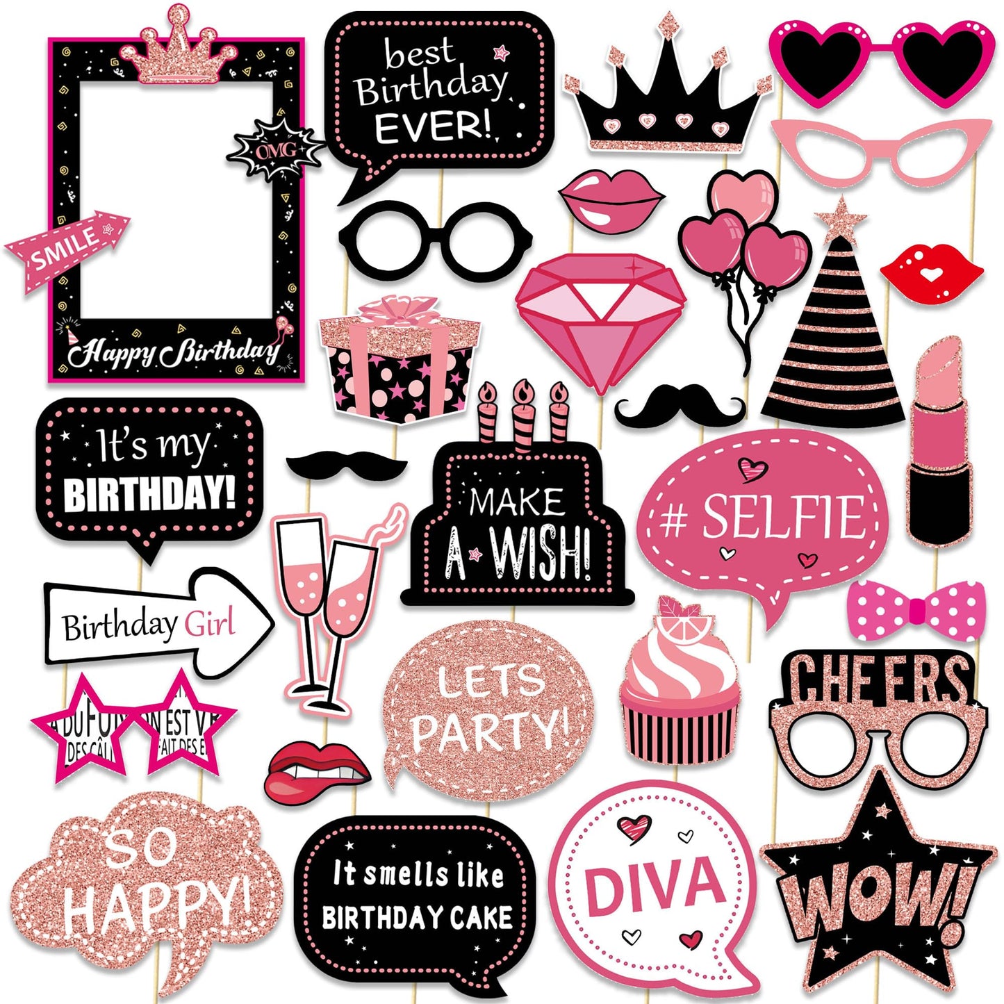 30 Pcs Hot Pink Birthday Photo Booth Props Kit for Girls, Happy Birthday Party Favors Supplies with