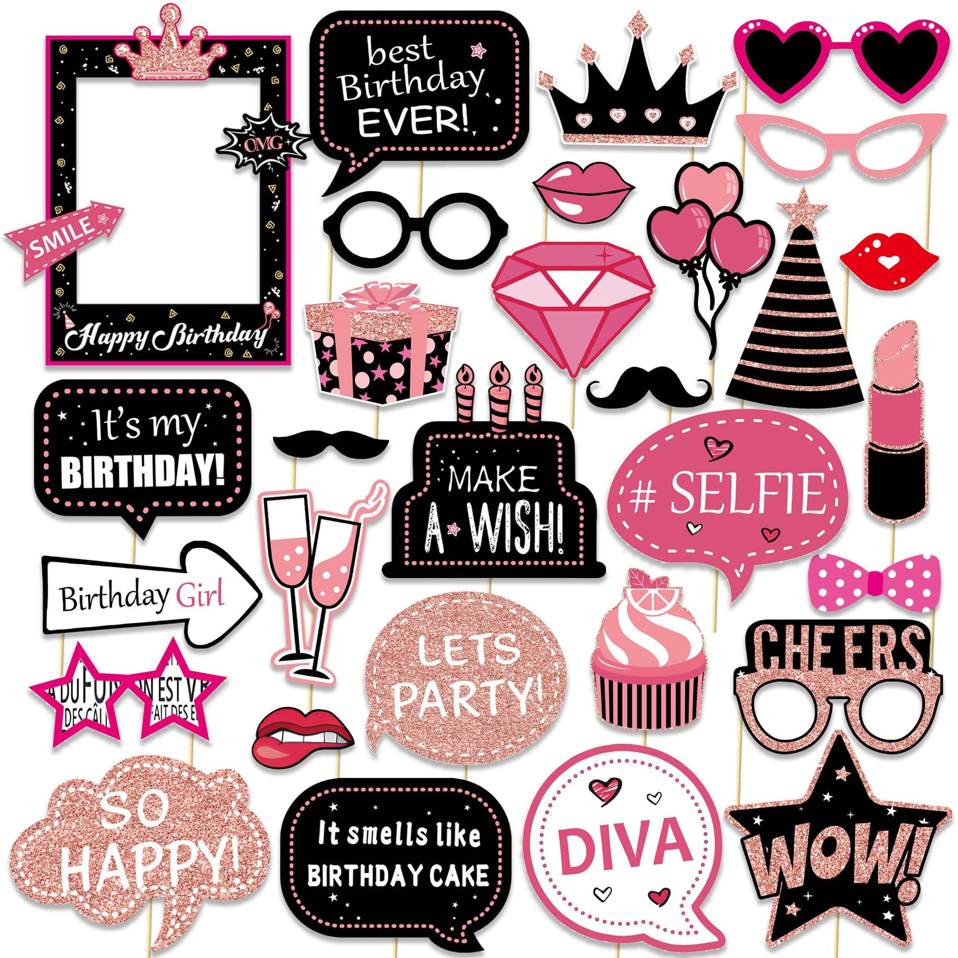 30 Pcs Hot Pink Birthday Photo Booth Props Kit for Girls, Happy Birthday Party Favors Supplies with