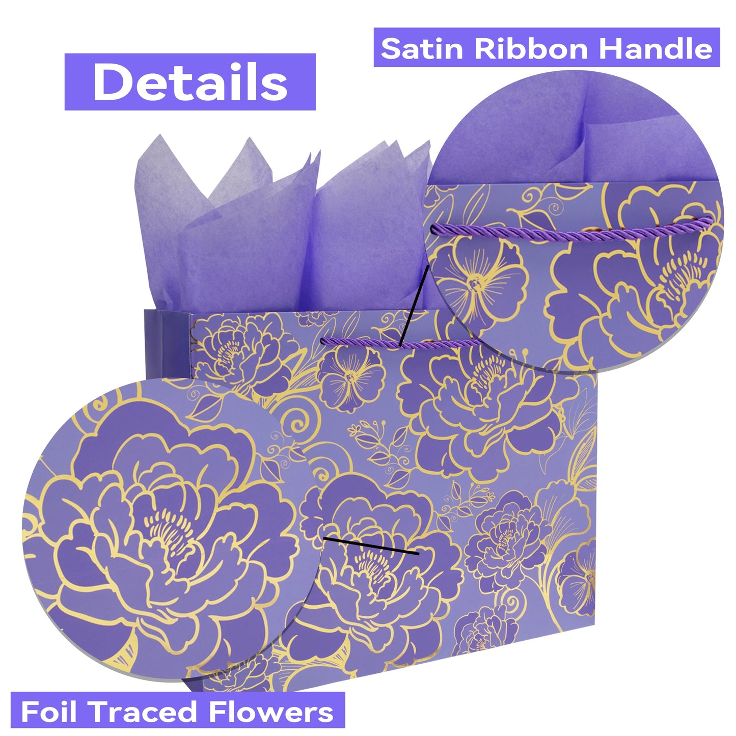Qirrmiy 13" Large Rose Purple Gift Bag Set with Greeting Card and Tissue Paper for Women or Girls
