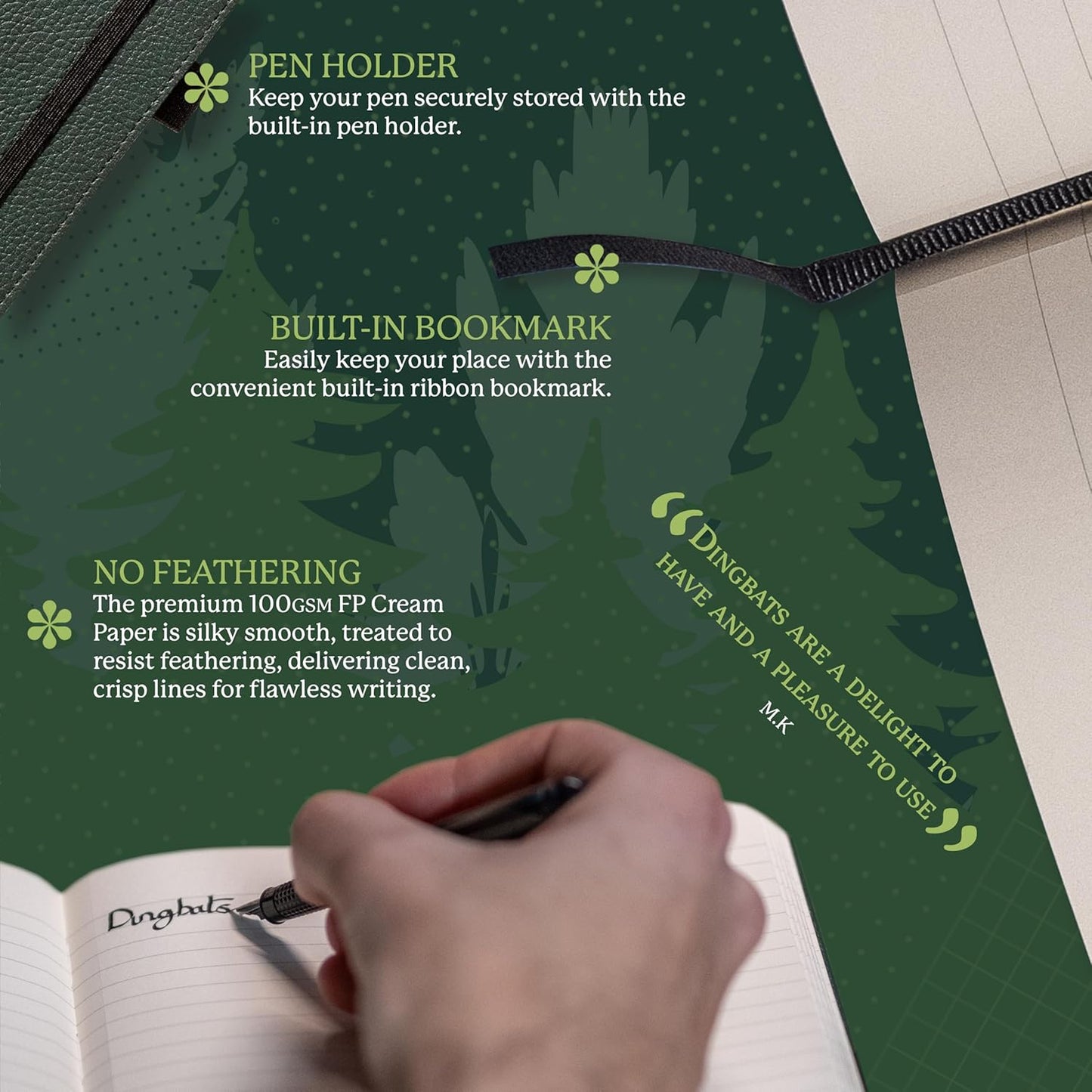 Dingbats A5 Wildlife Notebook Journal Hardcover, Cream 100gsm Ink-Proof Paper, 6.1 x 8.5 inches, 192 pages (Green Deer, Squared)