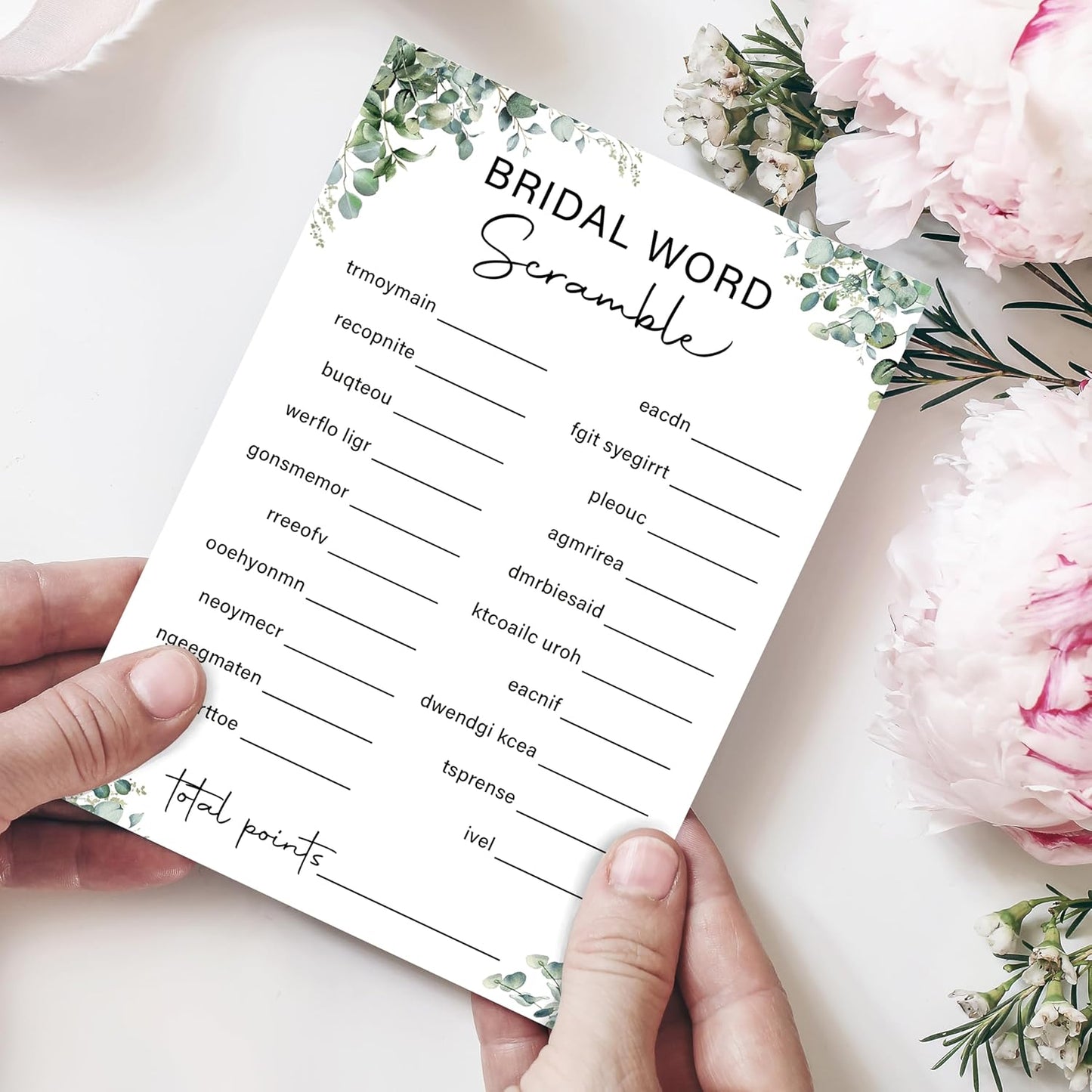 Eucalyptus Bridal Shower Game Cards - Word Scramble, Wedding Engagement Bachelorette Party Bridal Shower Games for 30 Guests, 30 Double Sided Cards with 1 Answer Card, Activity Supplies & Favor/A05