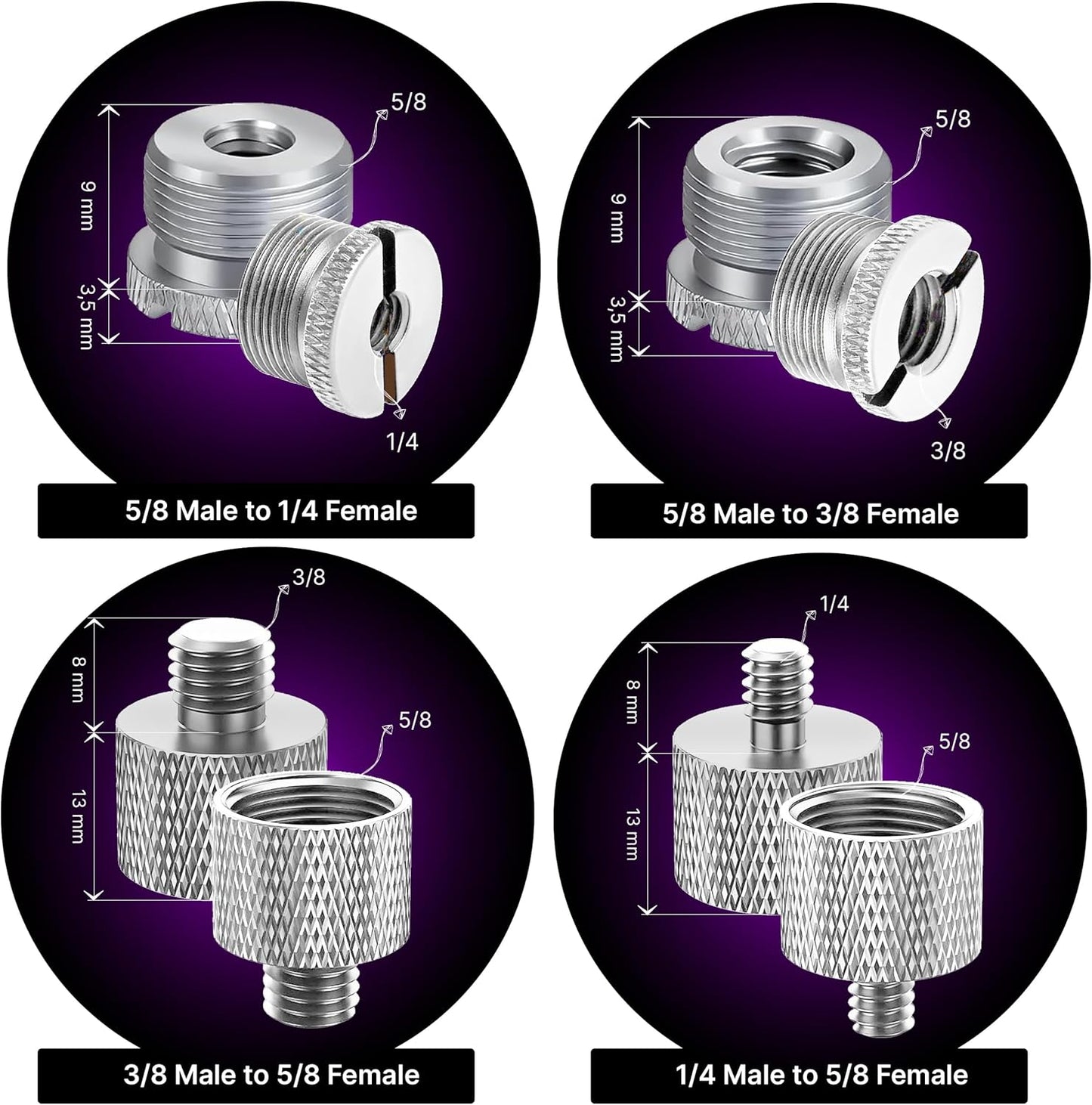 IXTECH Mic Stand Adapter Set 8 pieces Metal Microphone Stand Screw Thread Adapter 5/8 Female to 3/8 Male 3/8 Female to 5/8 Male 5/8 Female to 1/4 Male 1/4 Female to 5/8 Male Tripod Adapter ADP03 Slvr
