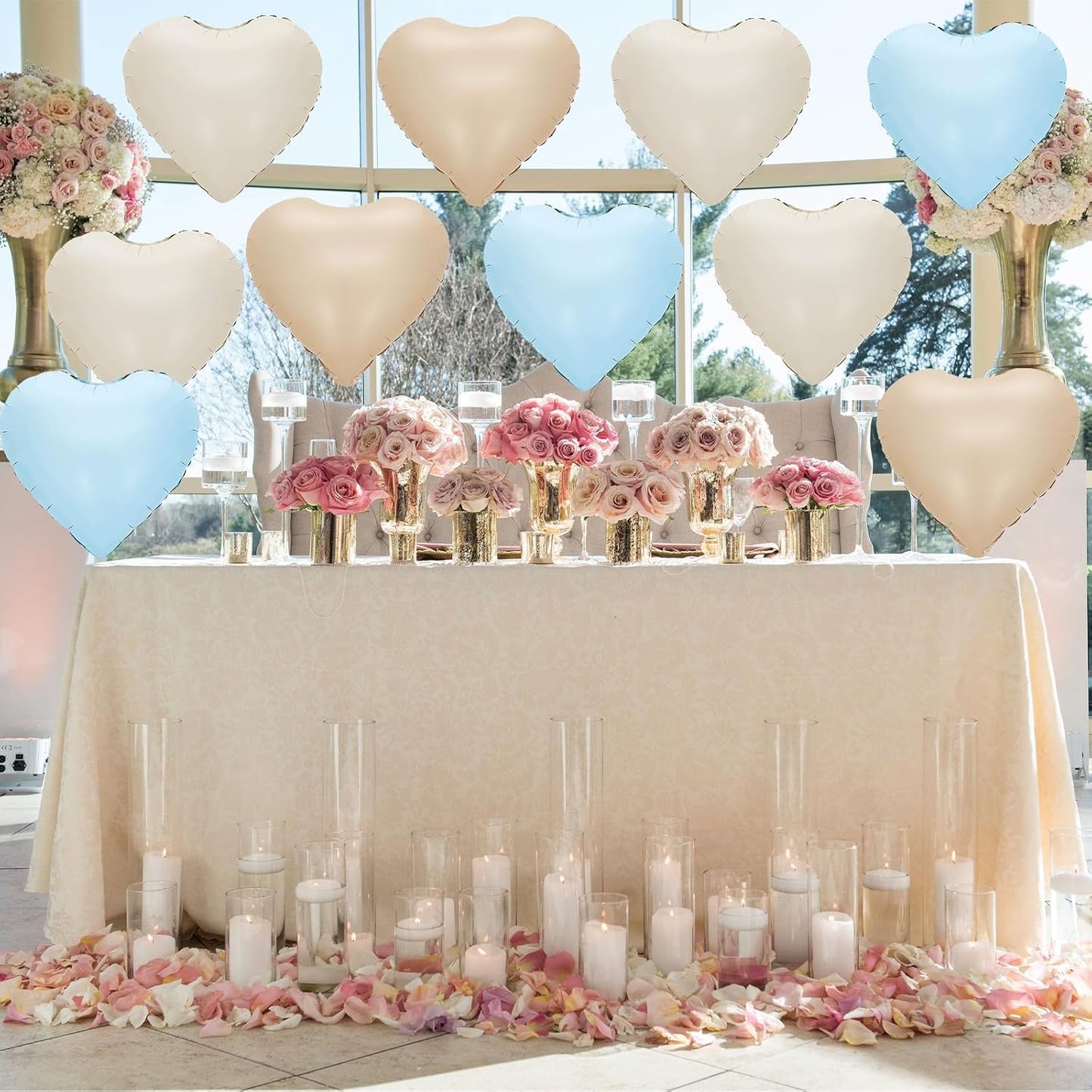 Blue Cream White Heart Balloons,12Pcs 18Inch Baby Blue Beige Apricot Nude Heart Shaped Foil Helium Polyester Film Balloons for Baby Shower Birthday Anniversary Wedding Engagement Party Decorations