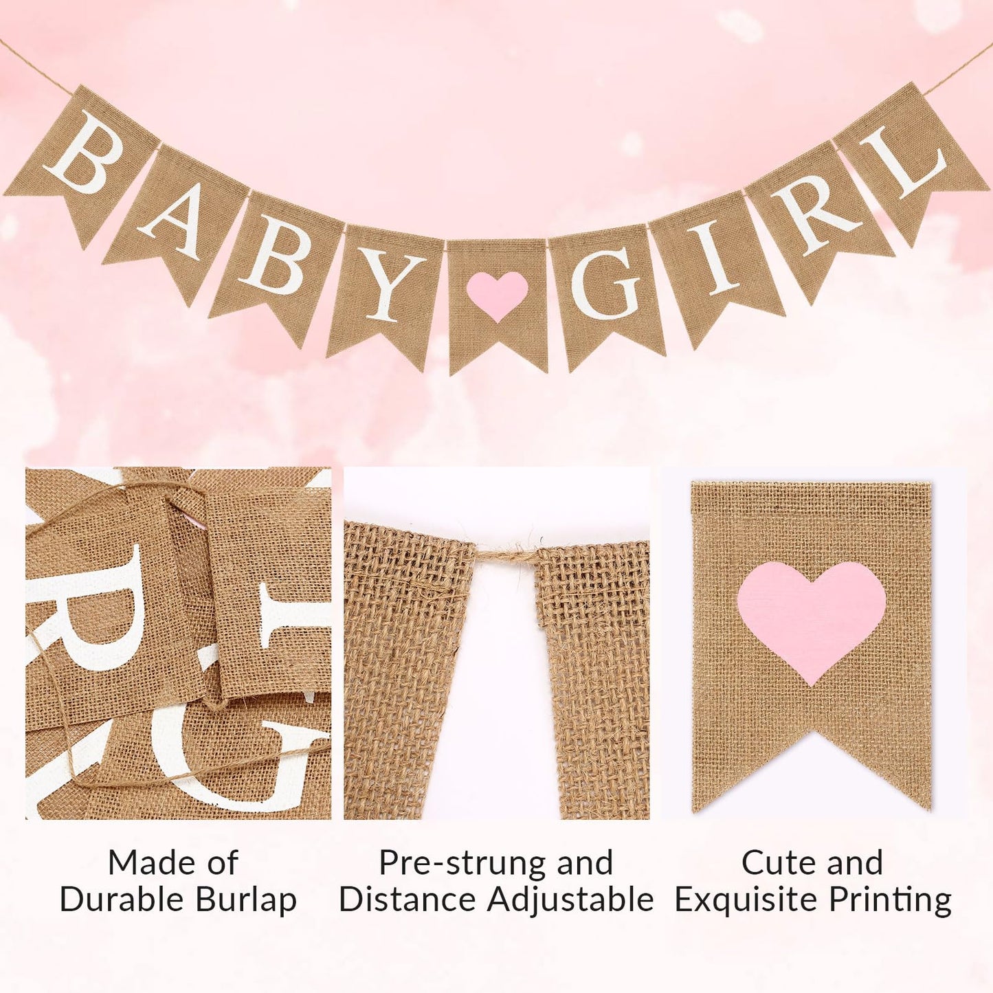 Pre-Strung Baby Girl Burlap Banner, Gender Reveal Banner for Baby Shower Party Decorations (Light