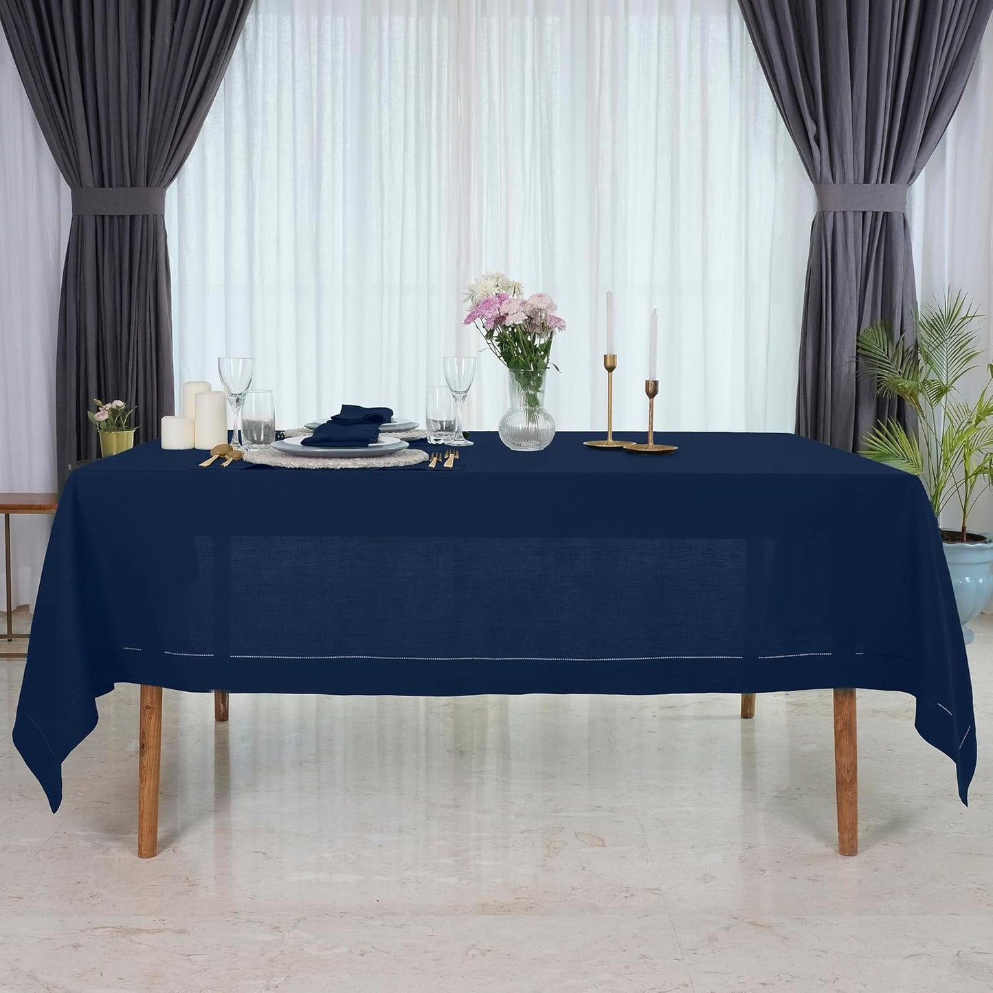 D'Moksha Homes Navy Blue Linen Tablecloth 60 x 108 Inch - 100% Pure Linen Navy Table Cloth for Rectangle Tables - Classic Hemstitch, Machine Washable Tablecloth for Fall, Autumn and Halloween