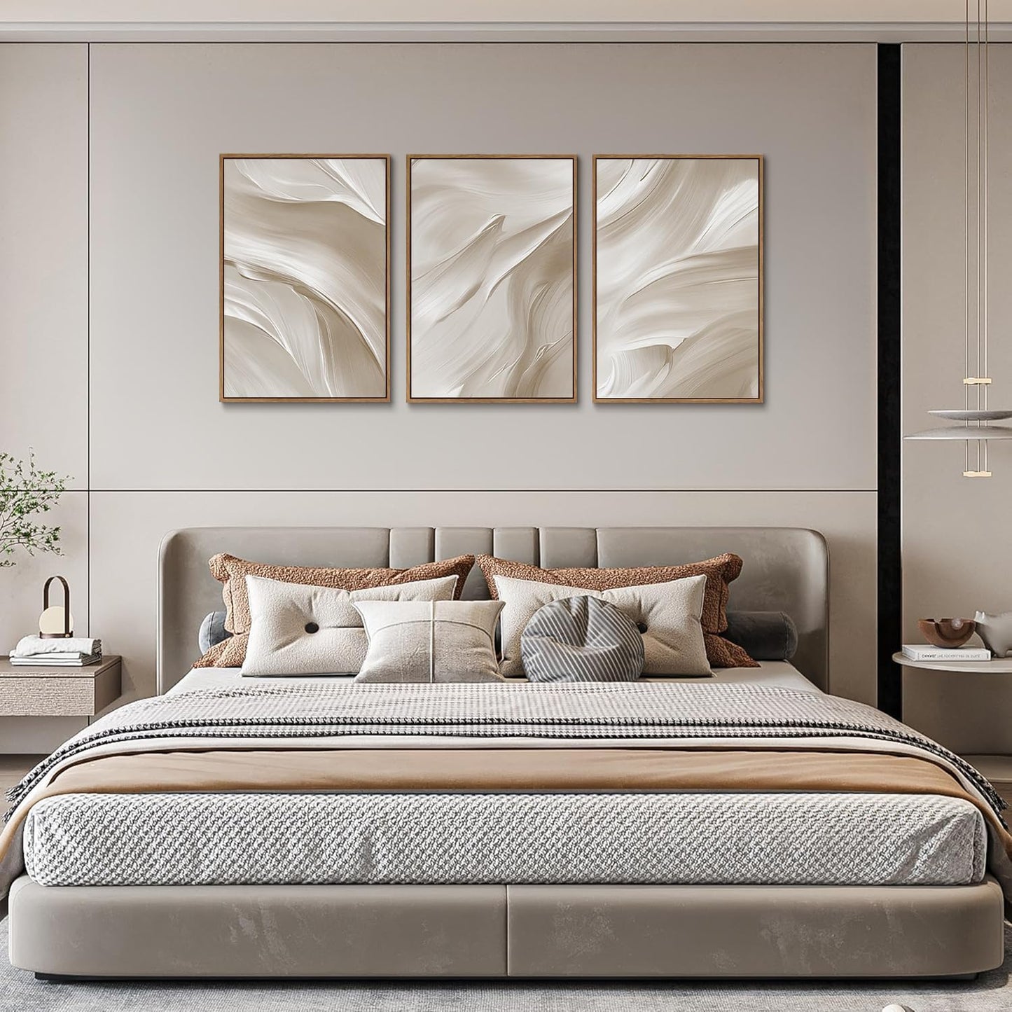 myusuar 3 Piece Large Abstract Framed Wall Art For Living Room, Smoke Texture Ink Beige White Canvas Wall Art Modern Minimalist Art Prints Wall Décor For Bedroom Office 24x36in