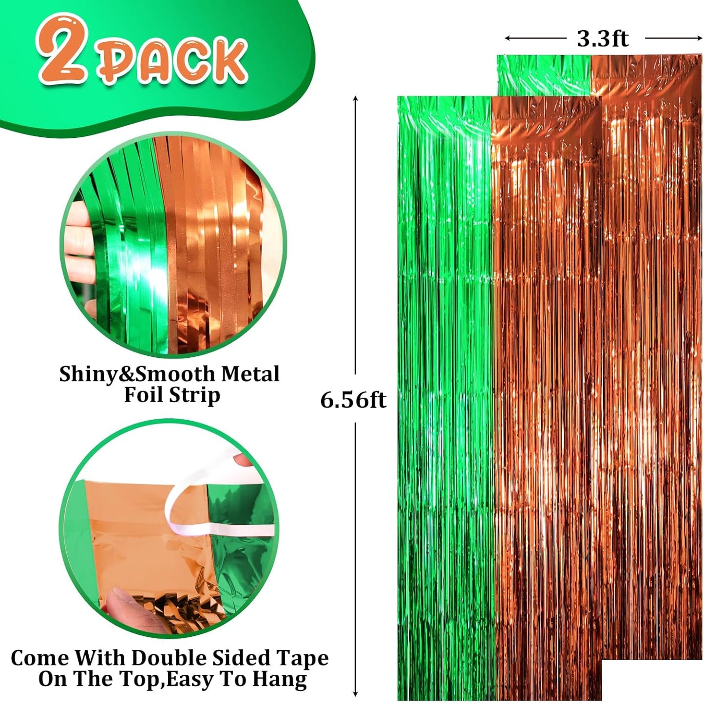 2 Pack Green and Brown Foil Fringe Backdrop Curtains, Tinsel Streamers Party Decorations, Fringe Backdrop, Door Shimmer for Super Bowl or Birthday Party
