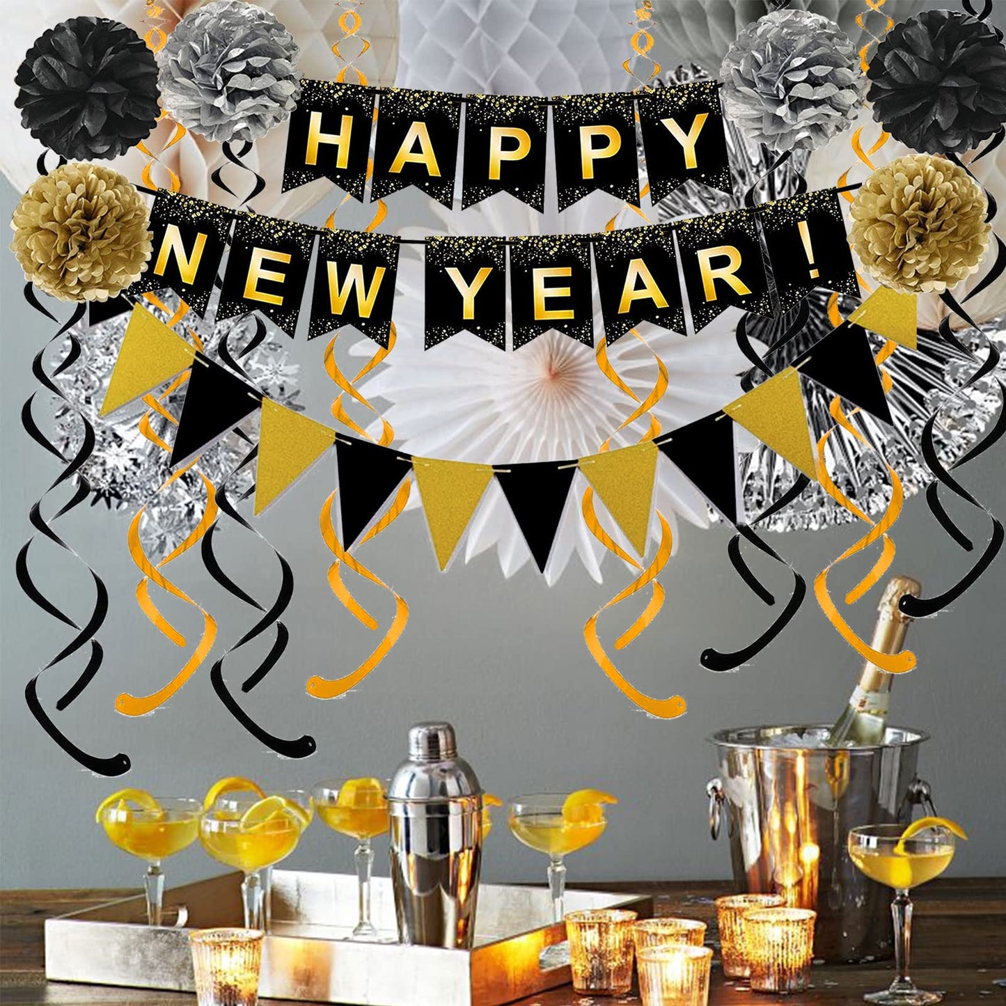 Happy New Year Set Black Banner with Gold Black Paper Flag Bunting Swirl Streamers & Pom Poms for