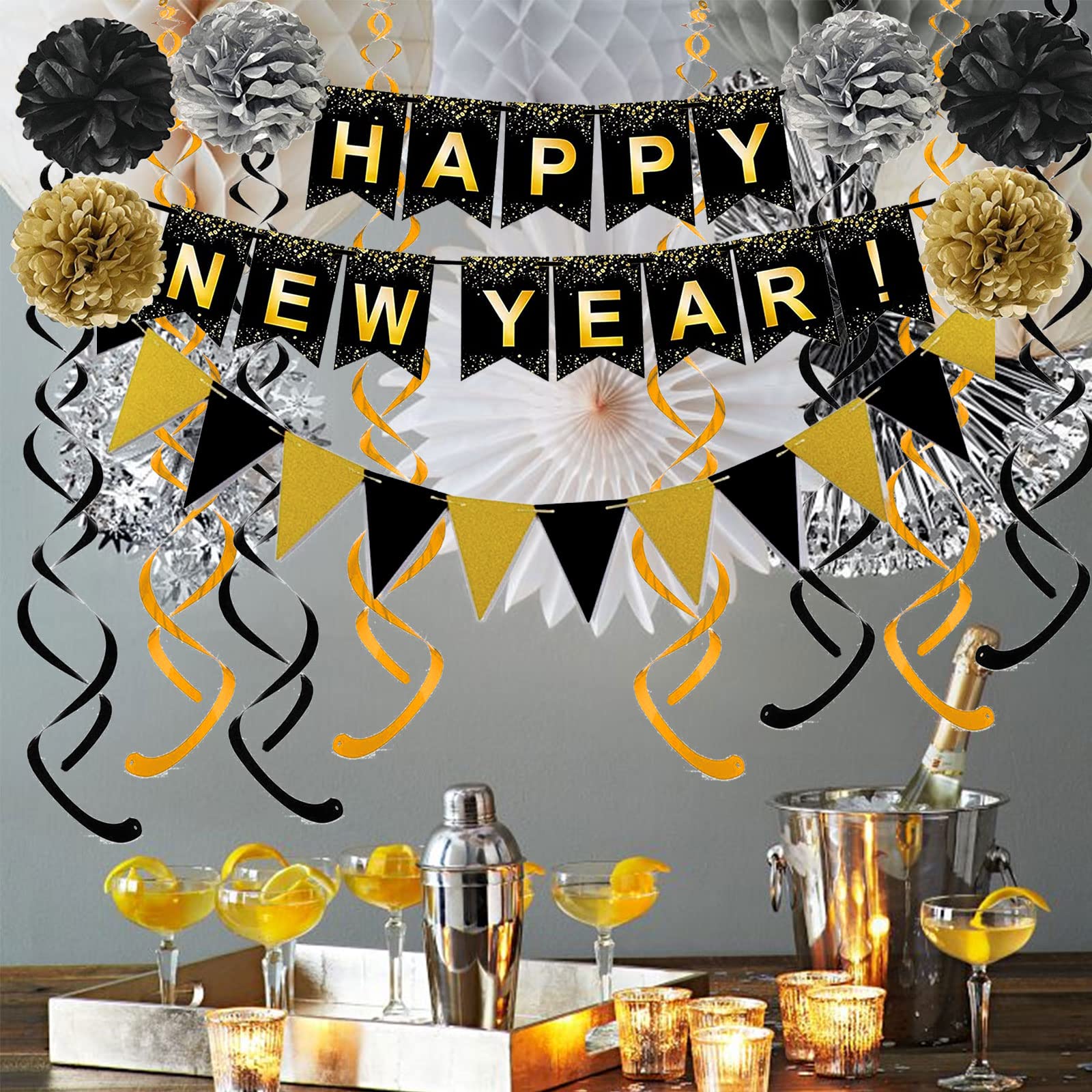 Happy New Year Set Black Banner with Gold Black Paper Flag Bunting Swirl Streamers & Pom Poms for