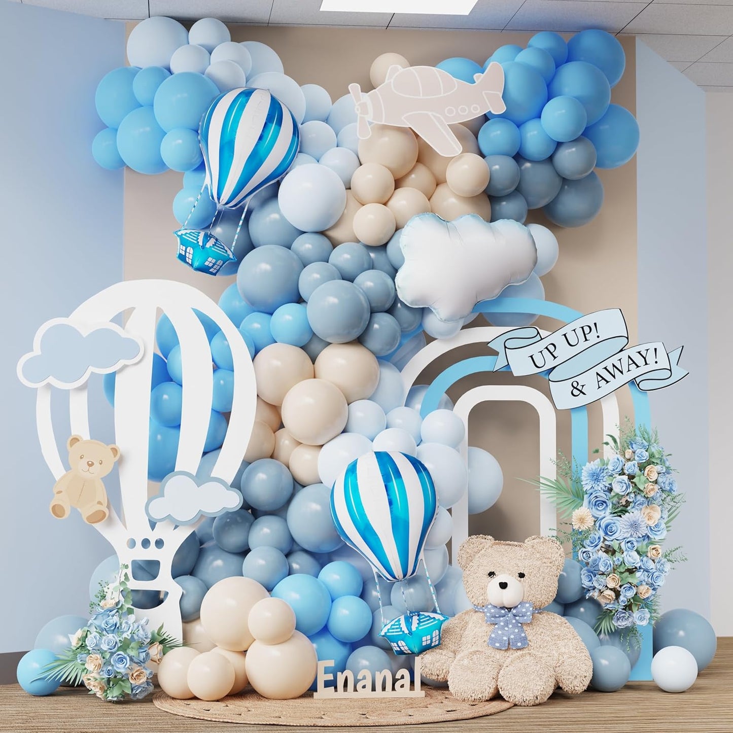 Up Up and Away Balloon Garland Arch Kit, 152pcs Dusty Slate Fog Baby Blue and Sand White Balloons with Hot Air Balloon and Cloud Foil Balloons for Baby Shower Decoration Teddy Themed Party
