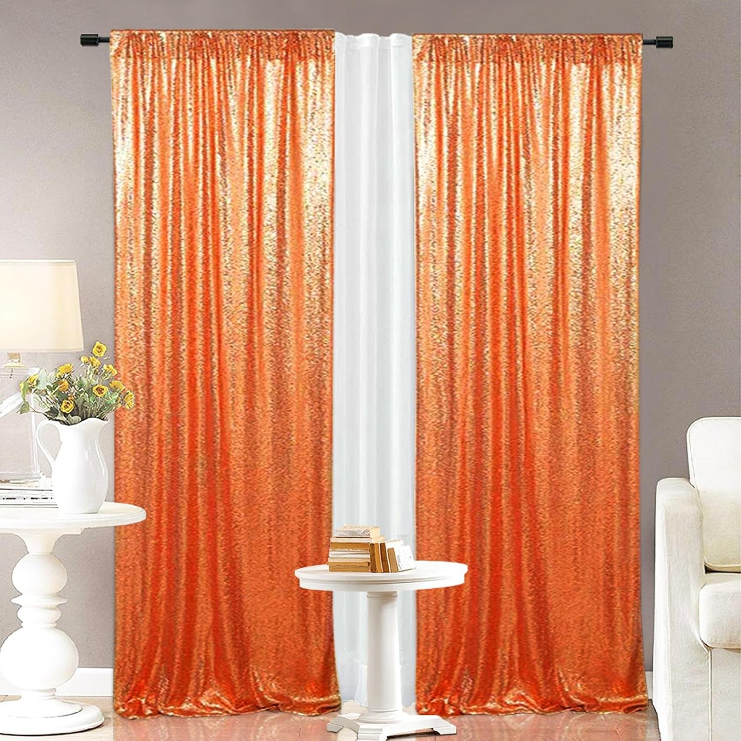 Eternal Beauty Sequin Backdrop Curtains, 2x8 Ft-2 Panels Orange Back Drop for Shimmer Photography Party Wedding Birthday Decor