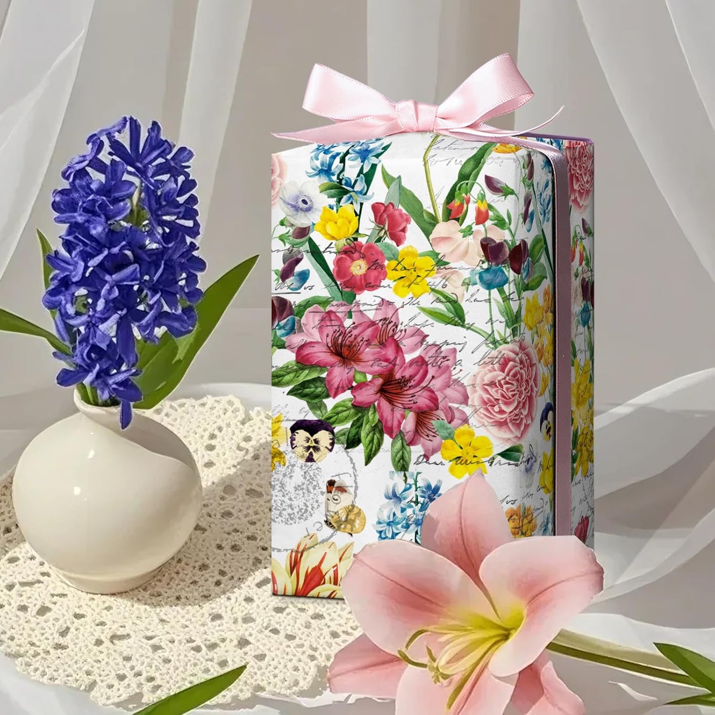 WRAPAHOLIC Floral Wrapping Paper Roll - Mini Roll - 17 Inch x 9.8 Feet - Garden Flower Wrapping Paper, Perfect for Girls Women Birthday, Wedding, Bridal Shower
