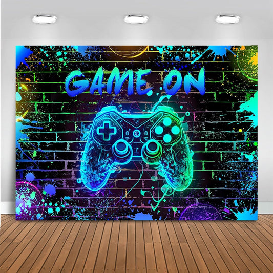 Mocsicka Game On Backdrop Video Game for Boys Level Up Birthday Party Decoration Game Night Arcade Neon Glow Gamer Banner Photography Background (Blue, 6x4ft(72"x48"))