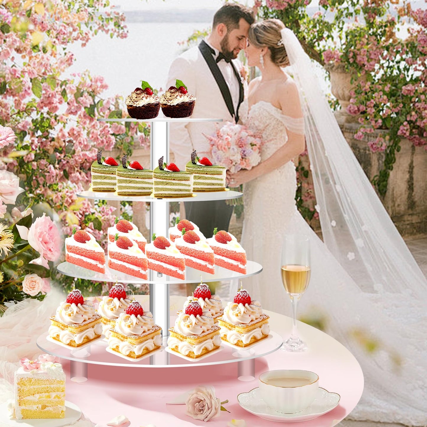 Jusalpha Large 4 Tier Acrylic Cupcake Stand,Round Cake Stand for Party