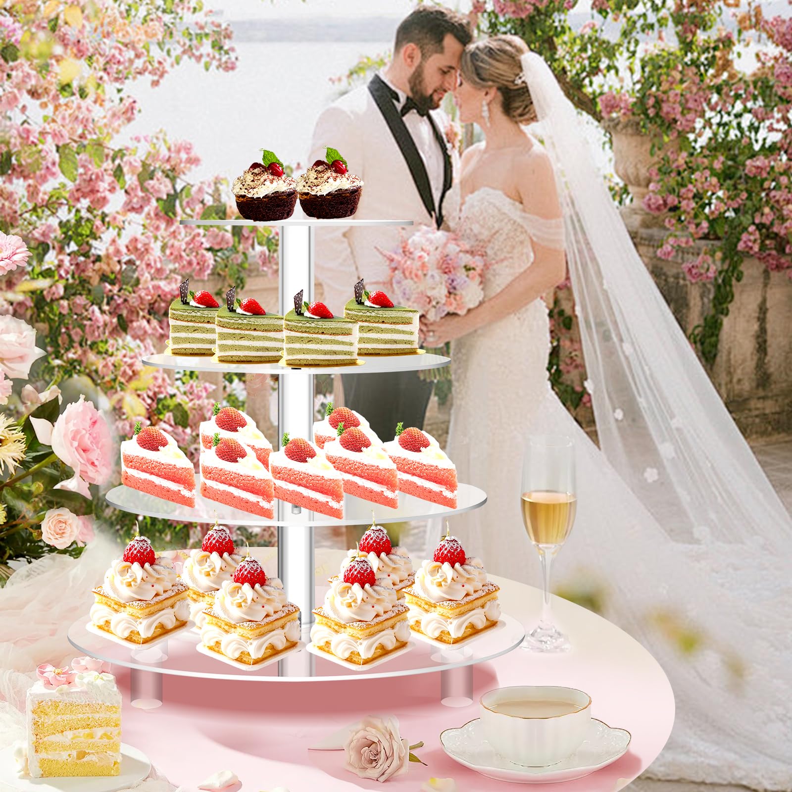 Jusalpha Large 4 Tier Acrylic Cupcake Stand,Round Cake Stand for Party