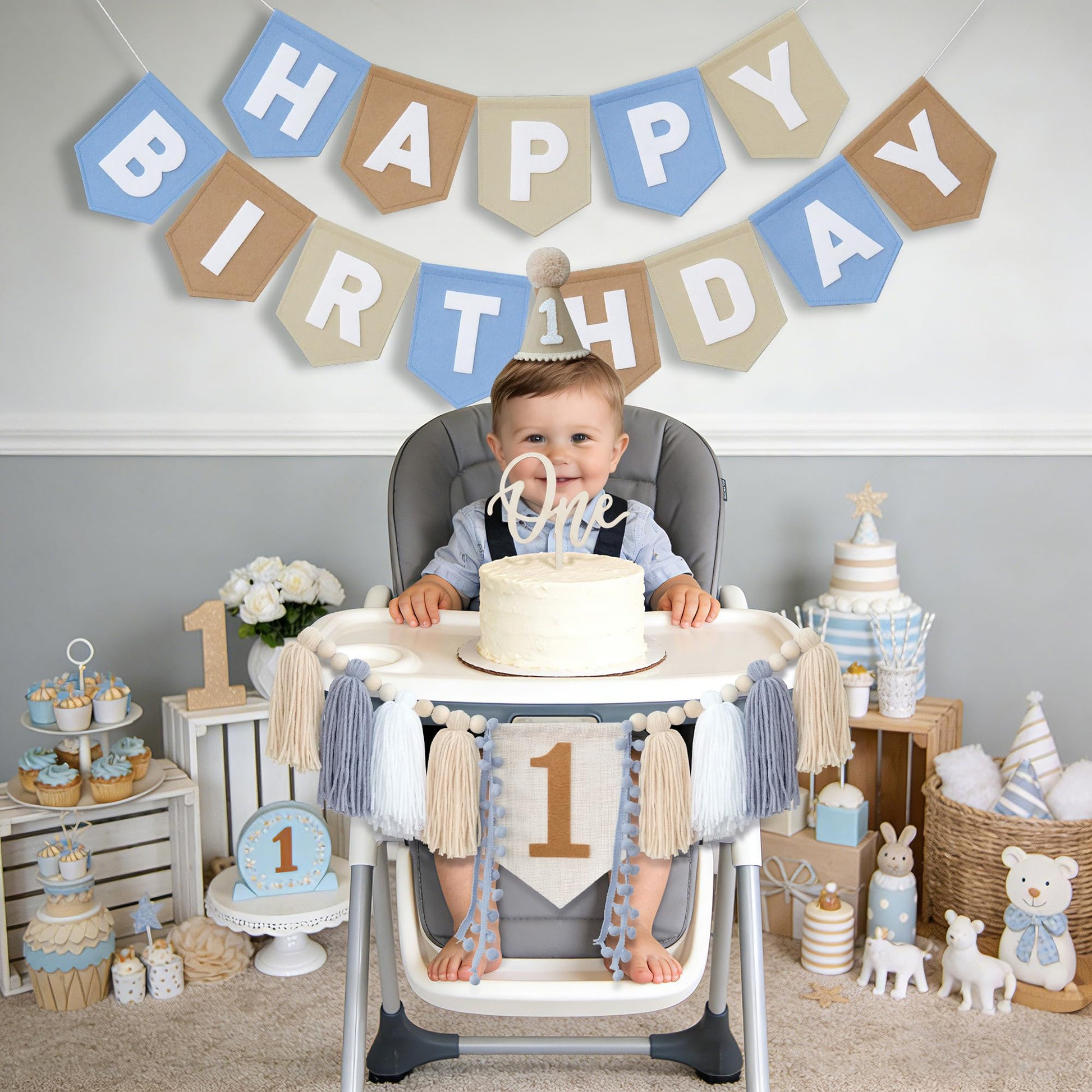 DCJHFJ First Birthday Decorations for Boy Felt Khaki Blue Happy Birthday High Chair Banner