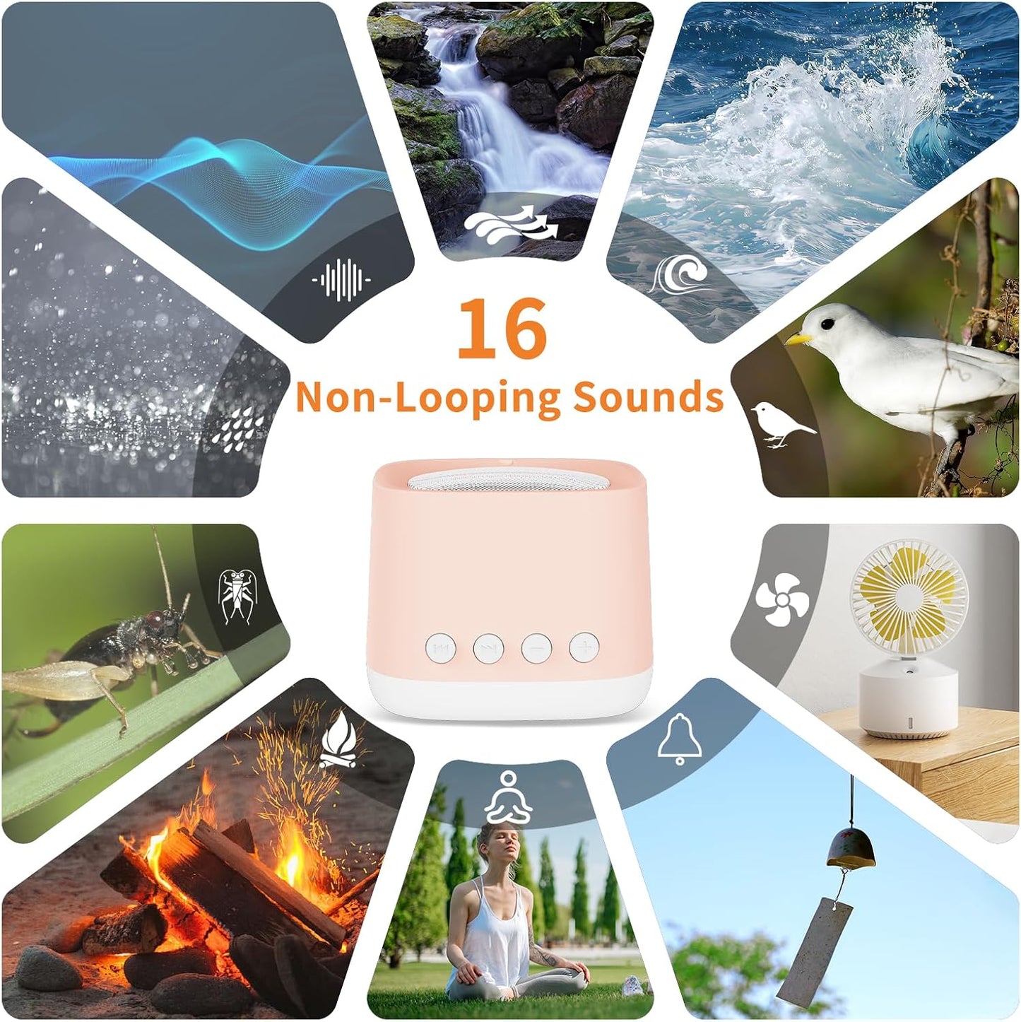 Portable White Noise Machine,Mini Sound Machine for Travel with Breathing Night Light,16 Soothing Sounds,Timer,Rechargeable Brown Noise Machines for Sleeping Adults Gift,Office Privacy,Home (Orange)