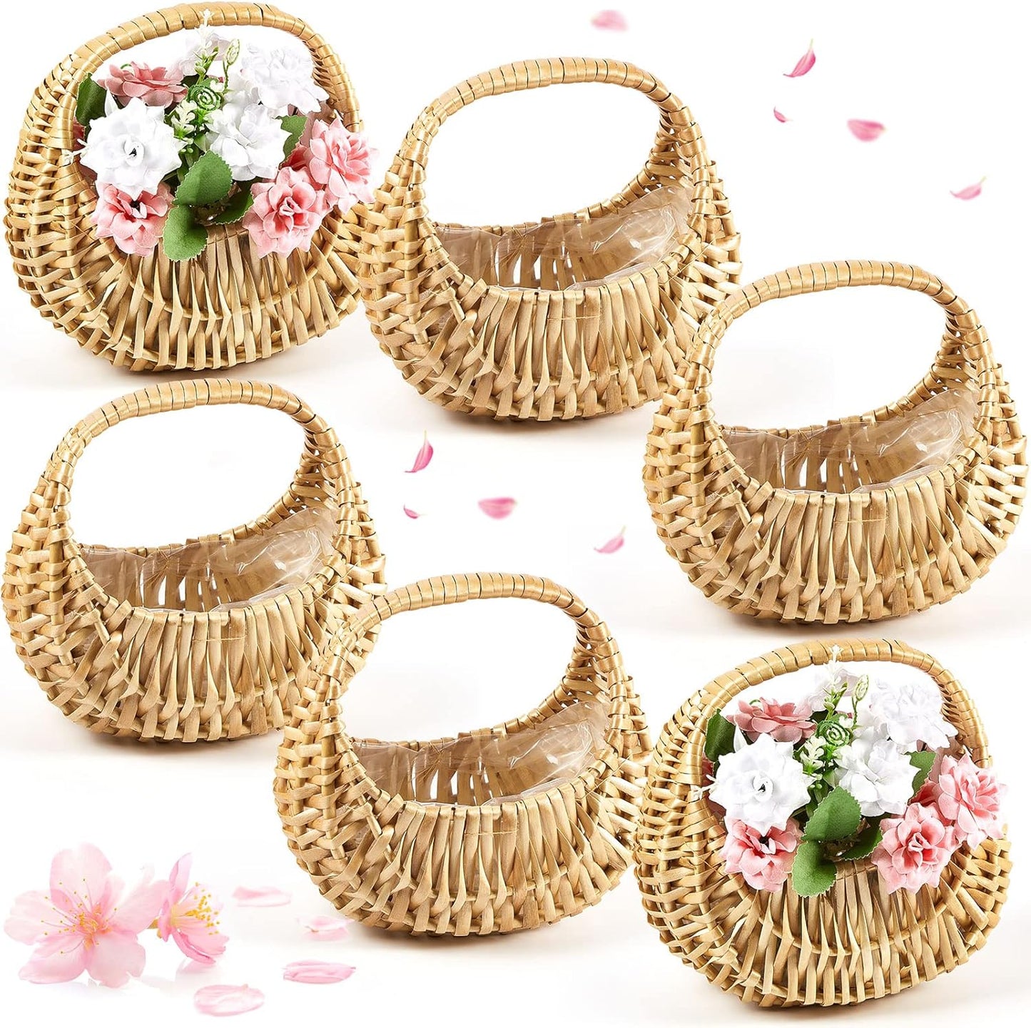 Taiyin 6 Pack Rattan Flower Girl Basket Small Half Moon Straw Wicker Basket with Handle Ideal for Wedding Flower Girl,Picnic,Garden Storage and Home Decor (Nature)