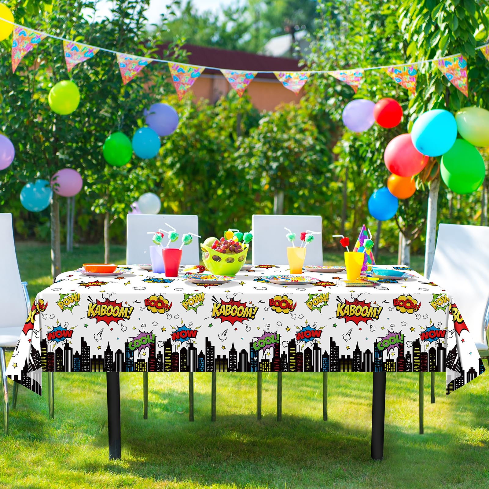 3Pcs Hero Themed Birthday Party Tablecloths Decorations,White Cityscape Super Bang Plastic Table