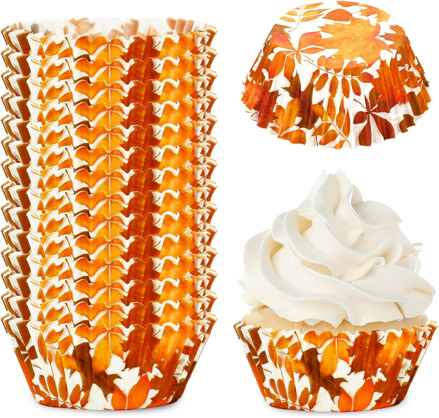 Whaline 300Pcs Fall Cupcake Liners Orange Maple Leaves Paper Baking Cups Thanksgiving Watercolor Leaves Paper Cake Muffin Liner Cupcake Wrappers for Autumn Harvest Party Supplies, 2x1.2 Inch