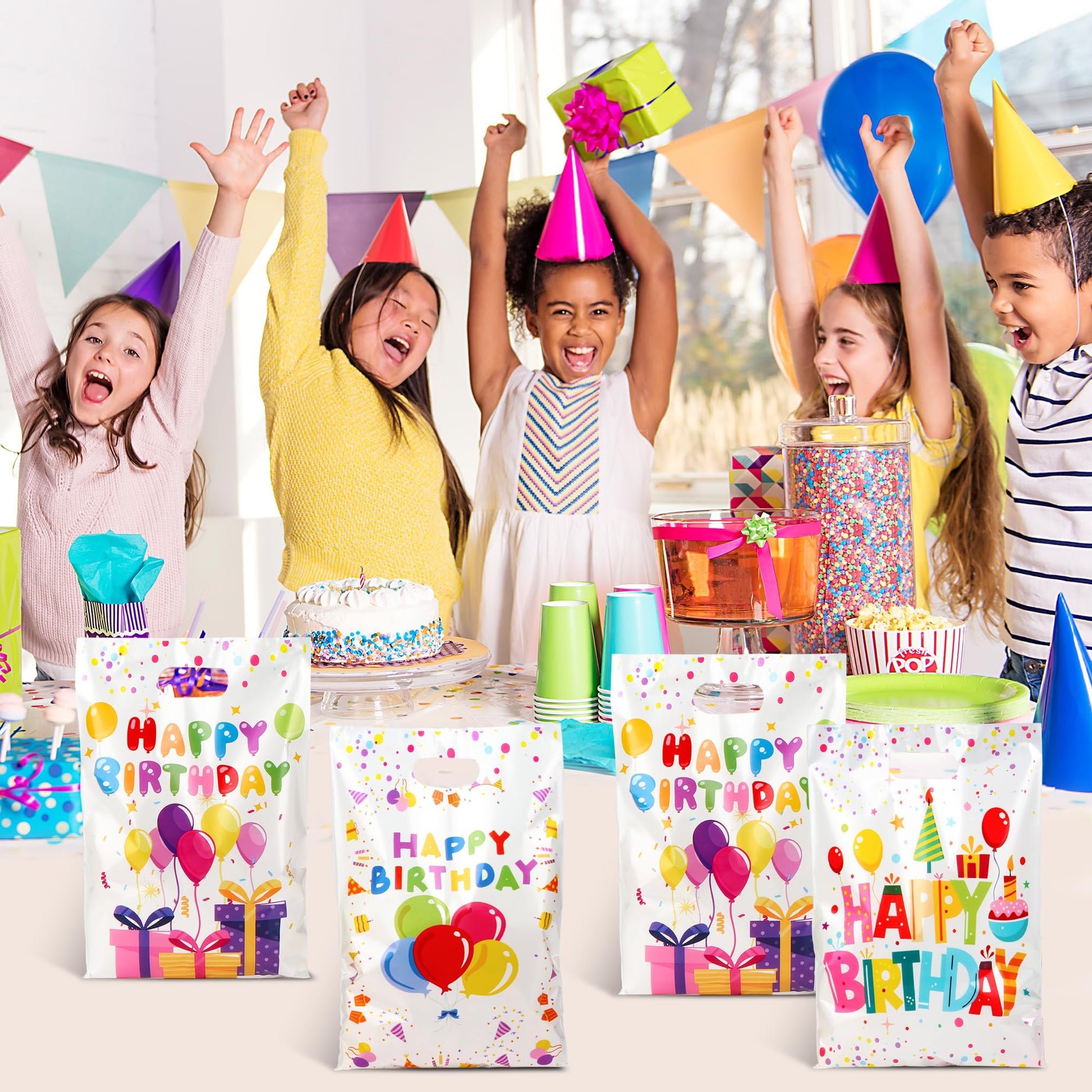50 PCS Birthday Party Favor Bags - 6.5 x 9.8 Inch Happy Birthday Goodie Bags with Handles - Plastic