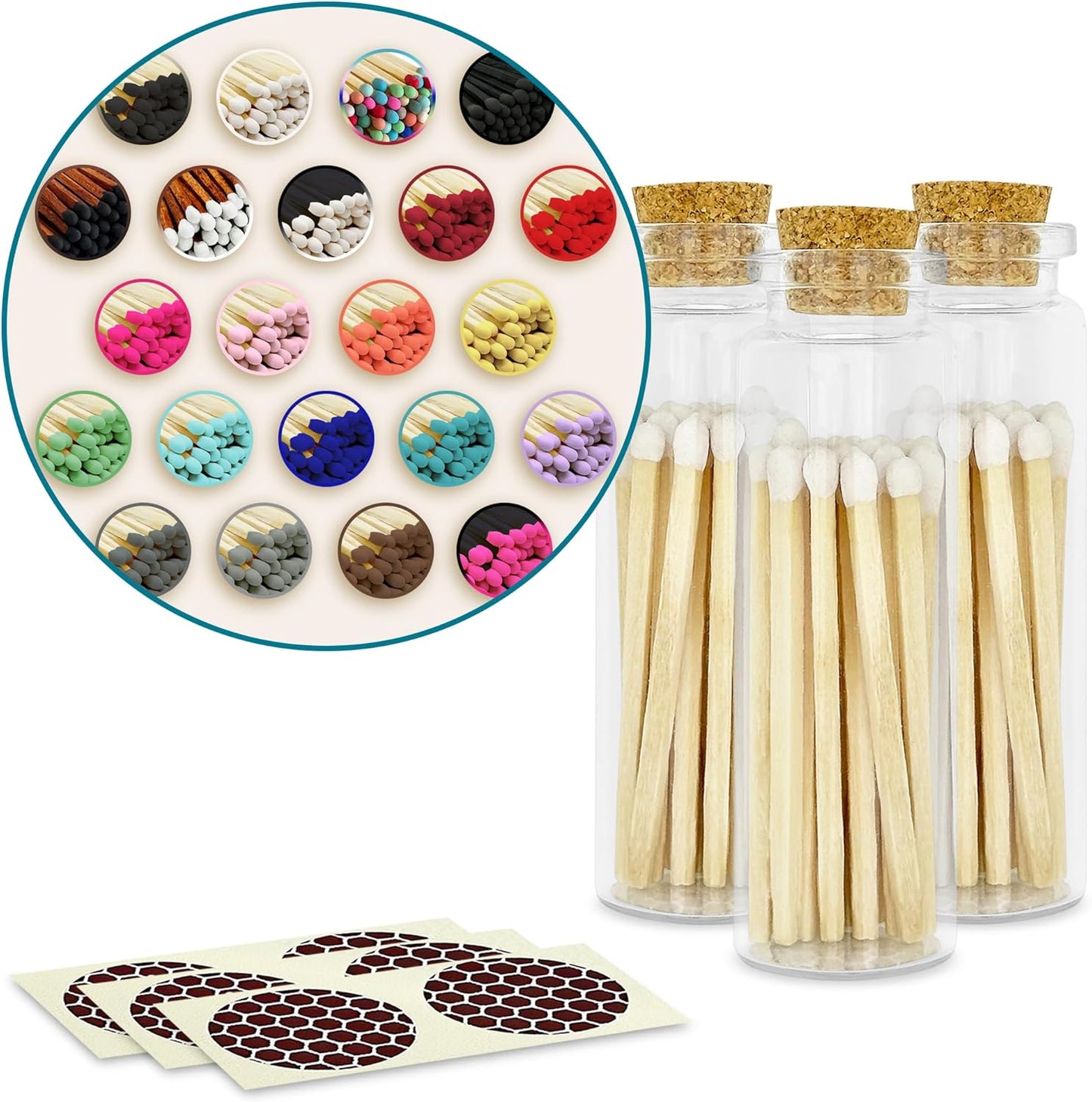 Thankful Greetings 2" Matches in 3 Glass Bottles Cork Top, Striker Stickers Included | 60 Matchsticks Color of Your Choice | Decorative Safety Matches w/Small Glass Holder | Gifts & Home Decor