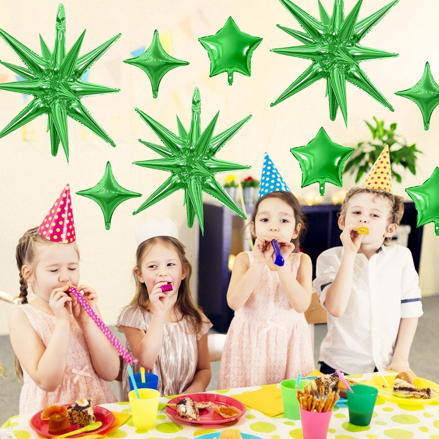 Green Star Balloon,16Pcs Star Foil Balloons Set with 22Inch Explosion Spike Cone Balloons and 10Inch Quadrangle Helium Balloon for Birthday Wedding Baby Shower and Halloween Party Decorations