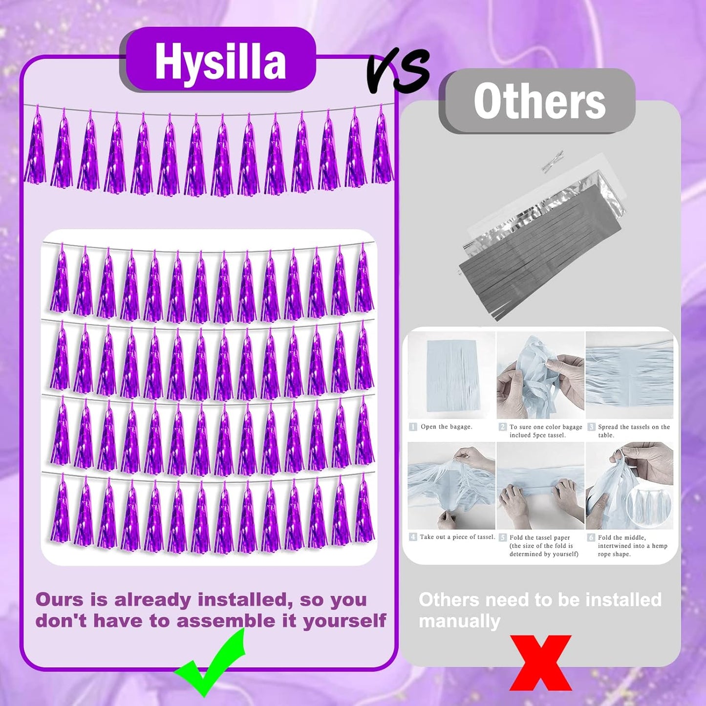 6P Purple Foil Fringe Metallic Tassel Streamers Banner Tassel Garland for Parade Floats, Bachelorette, Wedding, Birthday, Graduation, Christmas, Bridal/Baby Shower Party Decorations