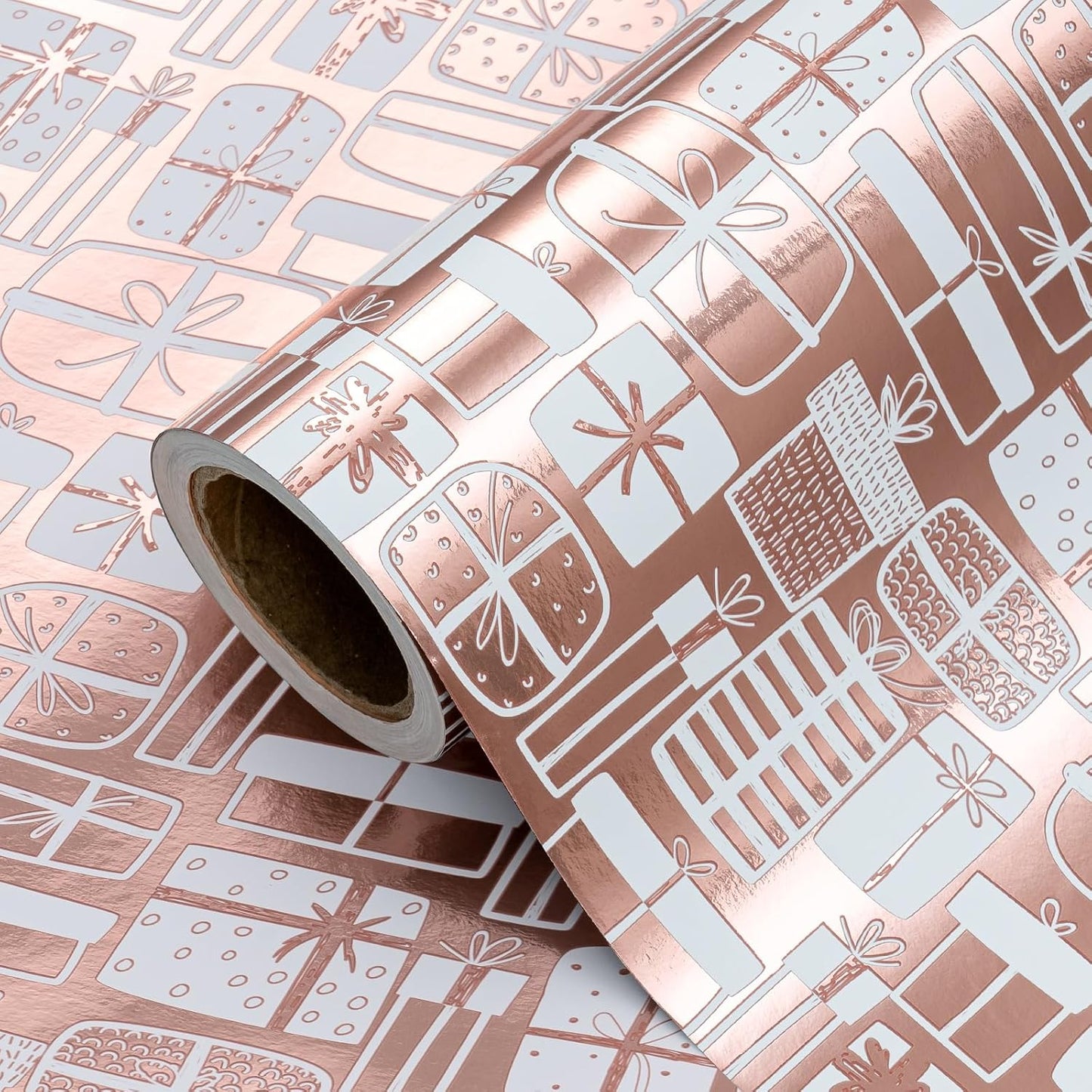 WRAPAHOLIC Wrapping Paper Roll - Mini Roll - 17 Inch x 33 Feet - Rose Gold Present Design with Metallic Foil Shine for Birthday, Party, Baby Shower