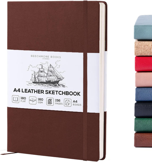 Beechmore Books A4 Sketchbook ??8.5x11 Premium Vegan Leather Bound Large Sketch Book Hardcover with 156 Thick 160gsm Perforated Ivory Pages, Blank Sketch Pad, Gift Boxed, Back Pocket, Ribbon Bookmark