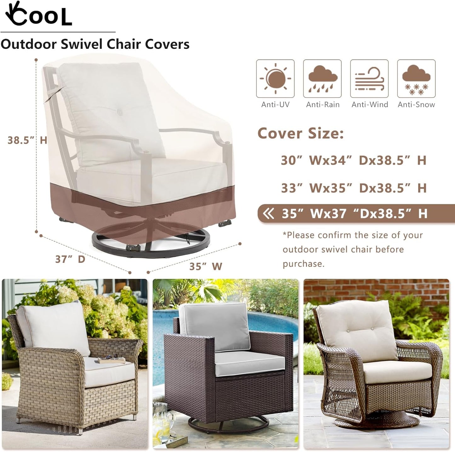 Outdoor Swivel Chair Cover 2 Pack,Outdoor Furniture Patio Chair Covers Waterproof Clearance,(35"W x 37"D x 38.5"H) Outdoor Lawn Patio Furniture Covers,Beige & Brown