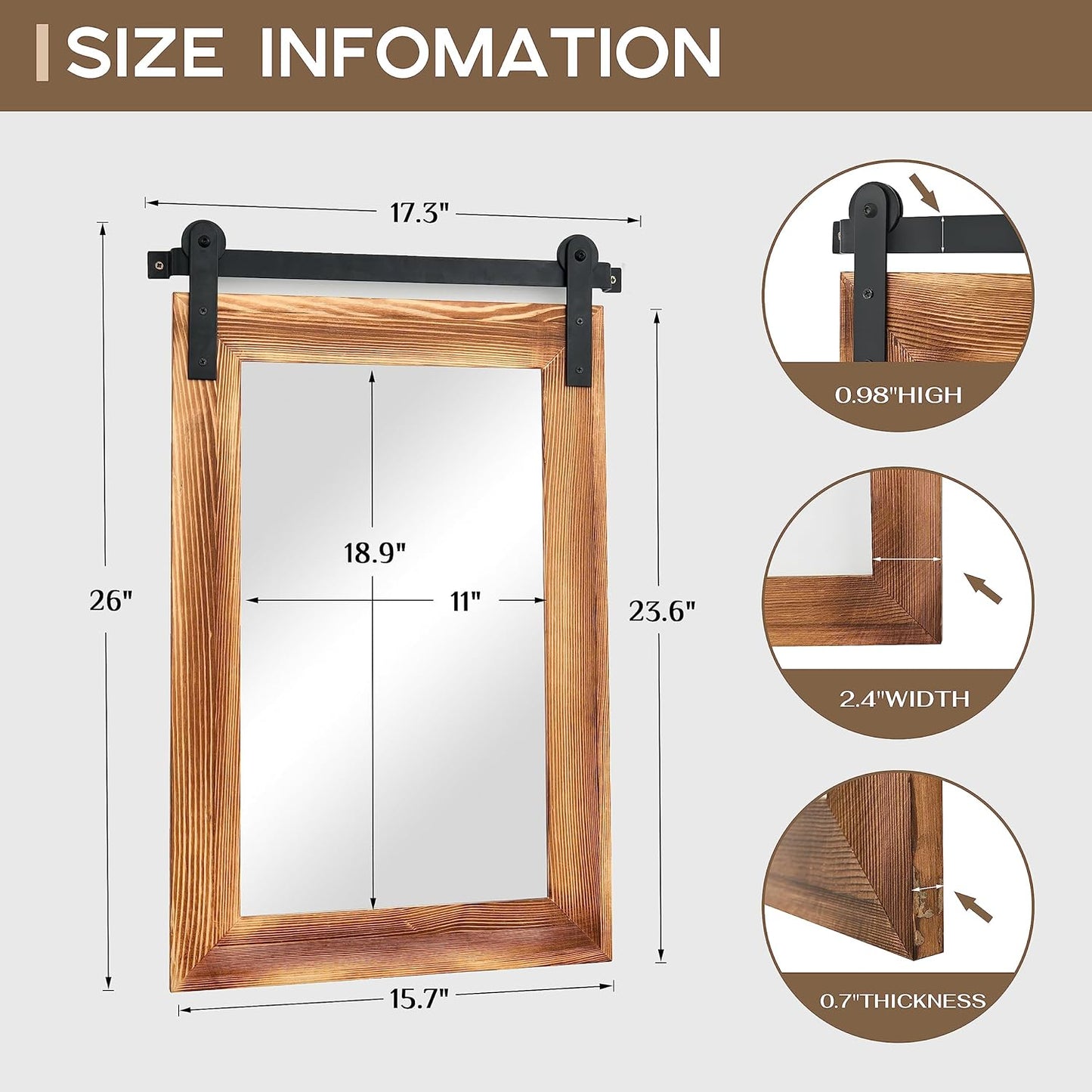 COGOOD Farmhouse Barn Door Mirror - 26" X 17" Rustic Wood Framed Wall Mirror for Bathroom, Living Room, Entryway Wall Decorative (Brown)
