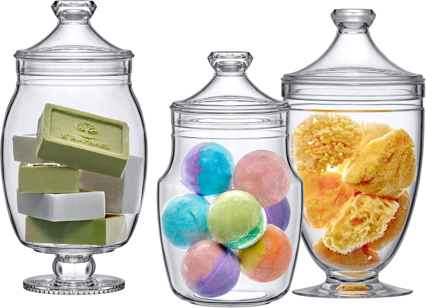 Amazing Abby - Keep - Acrylic Apothecary Jars (3-Piece Set), Plastic Jars with Lids, Bathroom Canisters, Vanity Organizers, Candy Buffet, Wedding Display, BPA-Free and Shatter-Proof (NOT Glass)