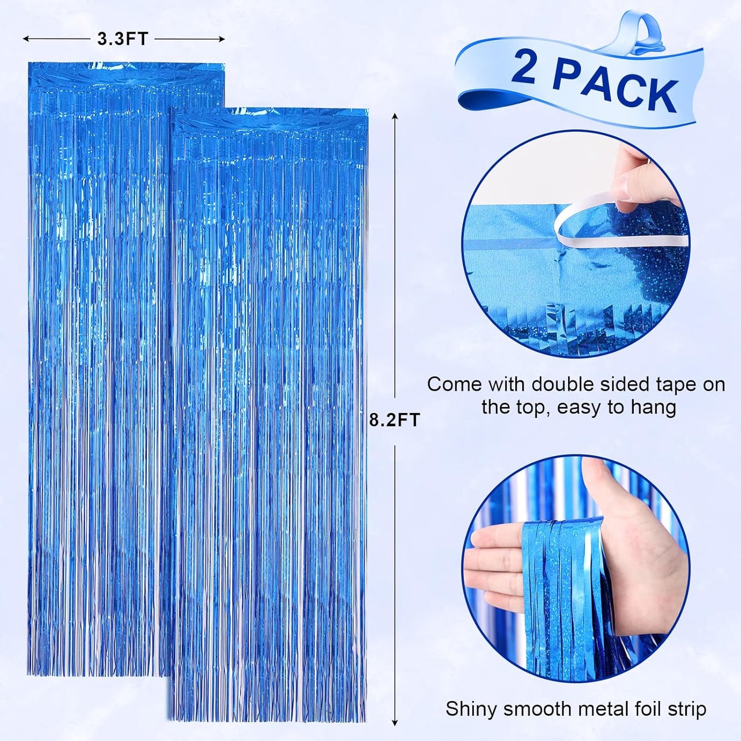 2 Pack Laser Blue Foil Fringe Backdrop Curtains, Tinsel Streamers Birthday Party Decorations, Fringe Backdrop for Graduation, Baby Shower, Gender Reveal, Disco Party
