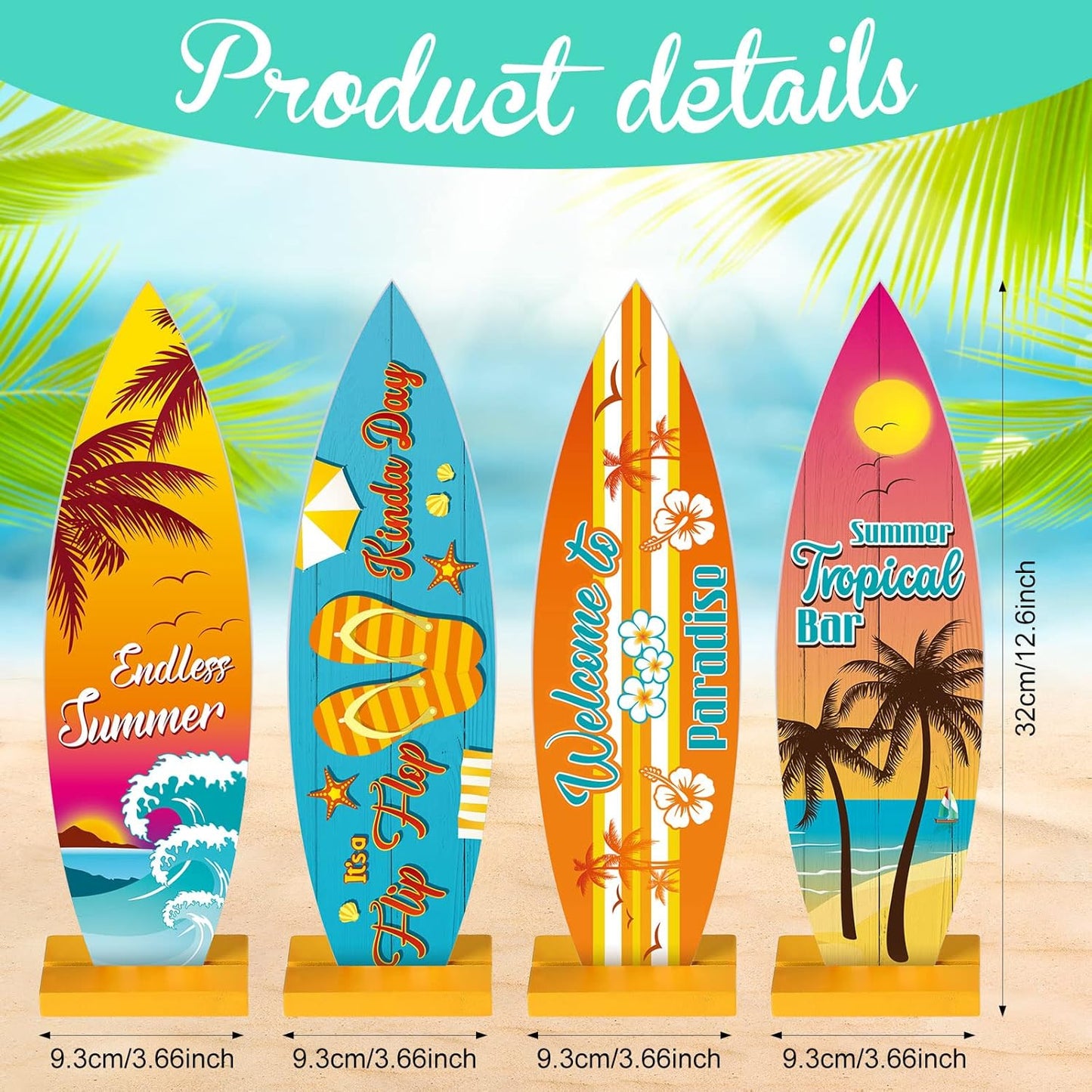 Blulu 4 Pcs Surfboard Table Decorations Surfboard Beach Signs Welcome to Paradise Sign Tropical Bar Table Centerpieces Endless Summer Wood Decor Flip Flop Letters for Home Decor(12.6 x 3.66 Inch)