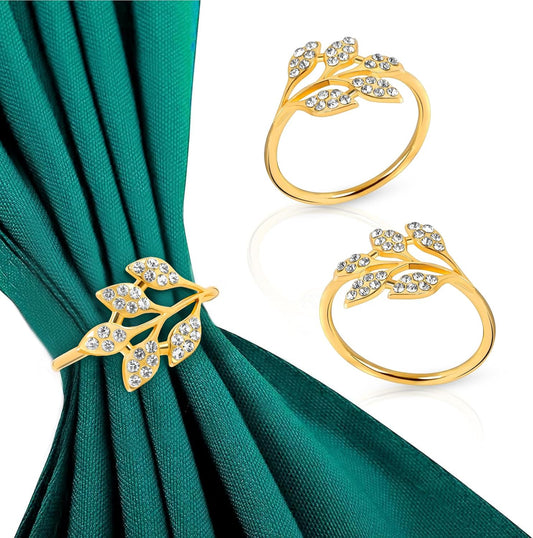 Gold Napkin Rings Set of 10,Napkin Rings Holder Buckles,Thanksgiving Christmas Napkin Ring Alloy Leaf Diamonds Napkin Ring for Dining Table Decor Wedding,Dinner Party Decorations White Diamonds 10pcs