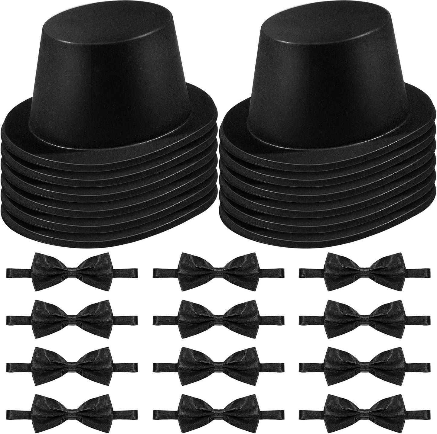 SATINIOR Magician Costume Headwear Set, Includes 12 Pieces Black Top Hat and 12 Bow Ties, Adjustable Length Bow Ties for Party, Costume Accessories for Halloween, Cosplay, Stage Performances, Black