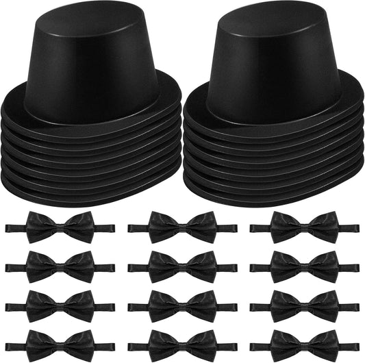 SATINIOR Magician Costume Headwear Set, Includes 12 Pieces Black Top Hat and 12 Bow Ties, Adjustable Length Bow Ties for Party, Costume Accessories for Halloween, Cosplay, Stage Performances, Black