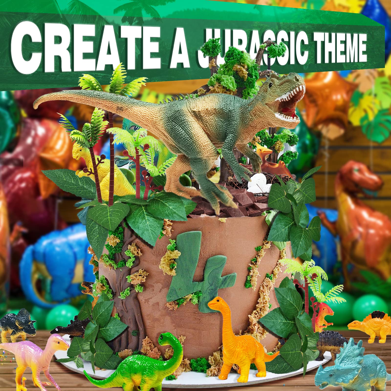 GLAHORSE 26 PCS Dinosaur Cake Toppers With Dinosaur Eggs Leaves Trees Cake Decorations For Birthday