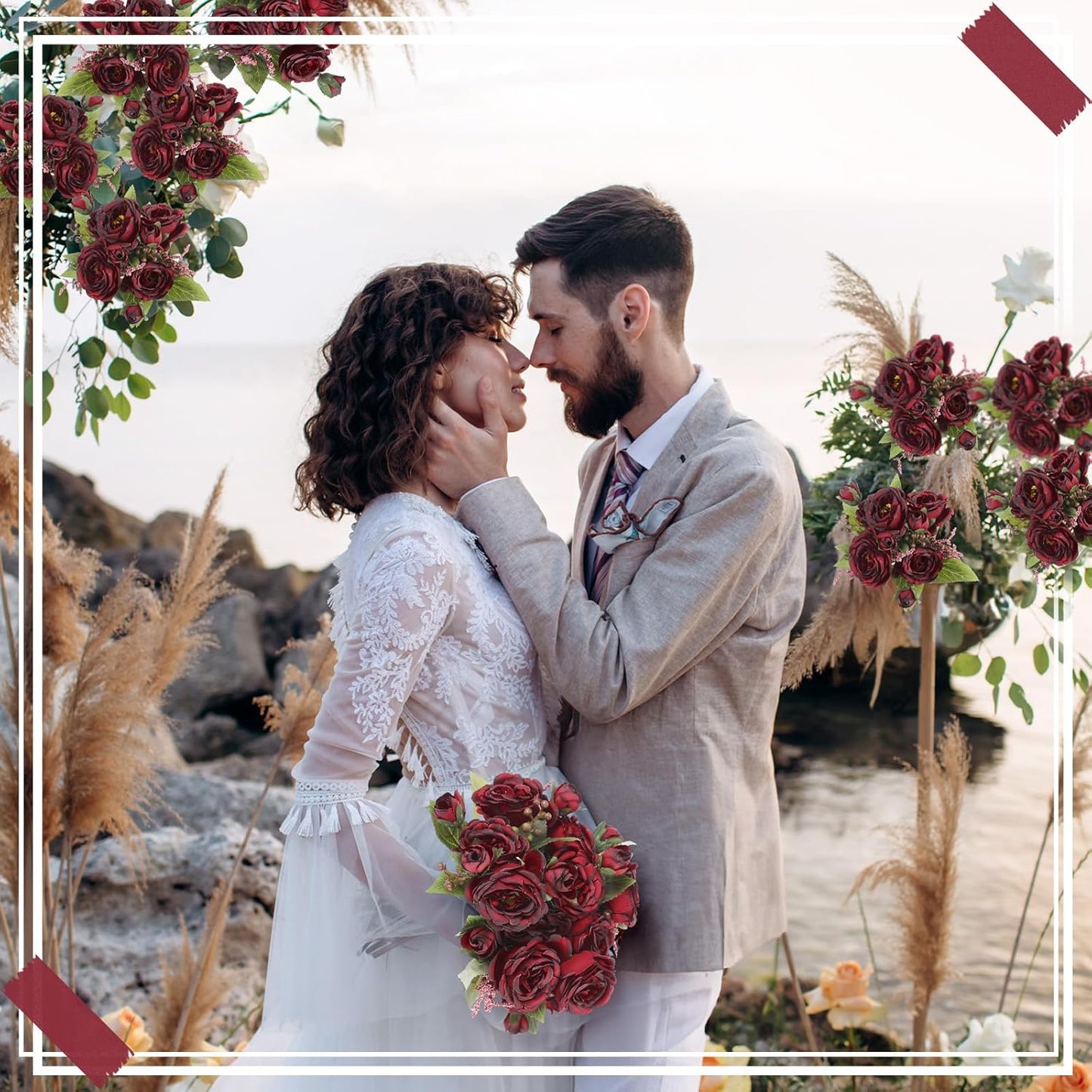 8 Bundles Artificial Peonies Flowers Boho Faux Flowers Arrangements Artificial Centerpiece Spring Bouquet Floral Wedding Decoration for Vase(Burgundy)