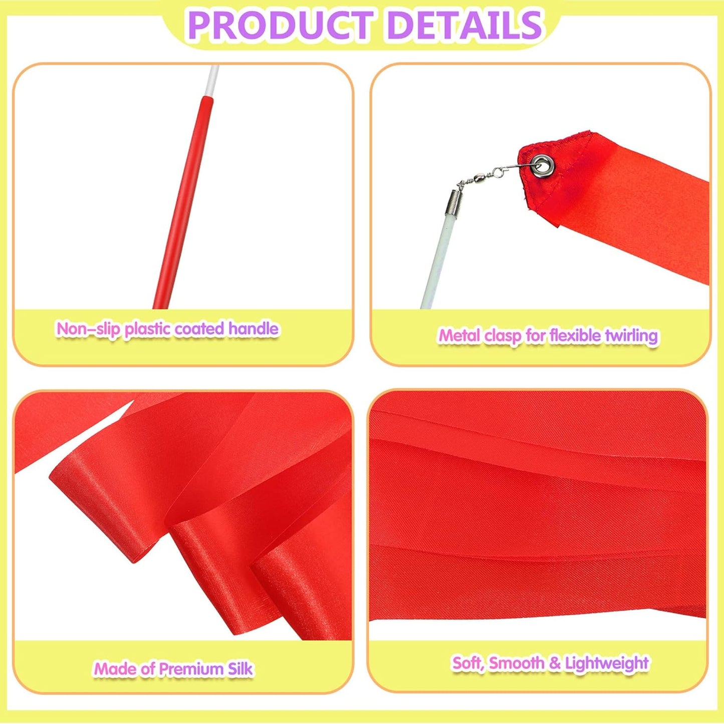 Yilloog 50 Pcs Ribbon Dancing Wands Party Favors, 78.7 Inch Artistic Gymnastics Ribbon Streamers Twirling Wands, Rainbow Birthday Decorations