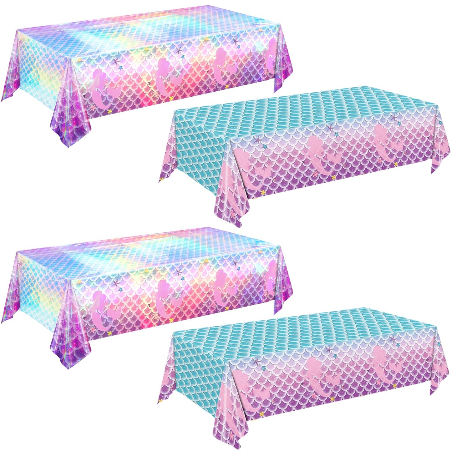 NKPDAXM 4 Pack Mermaid Tablecloth Mermaids Laser Table Cover for Mermaid Birthday Party