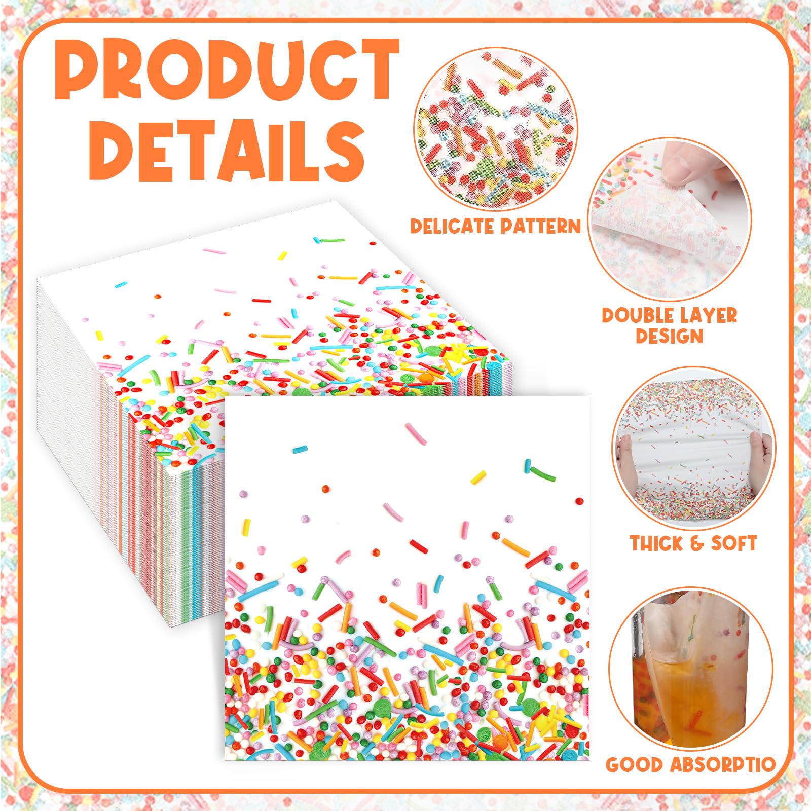 Weekgrat 100 Pcs Sprinkles Donut Napkins Birthday Party,White,Confetti