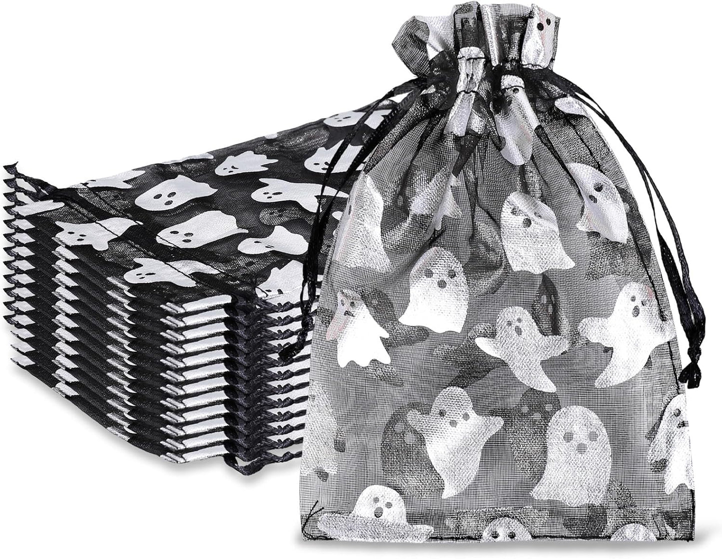 Whaline 100Pcs Halloween Organza Drawstring Bags Cute Foil Silver Ghost Jewelry Gift Bag 4''x6'' Small Mesh Favor Bags for Trick or Treat Birthday Baby Shower Party Supplies