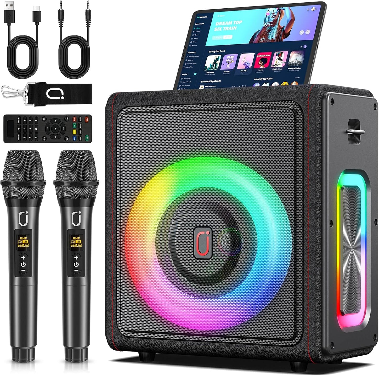Karaoke Machine, Portable Bluetooth 5.3 Speaker with 2 Wireless Microphones for Adults, PA System with Pitch Correction & Echo Adjustment, Supports TWS/TF Card/USB/AUX/Live for Home Party